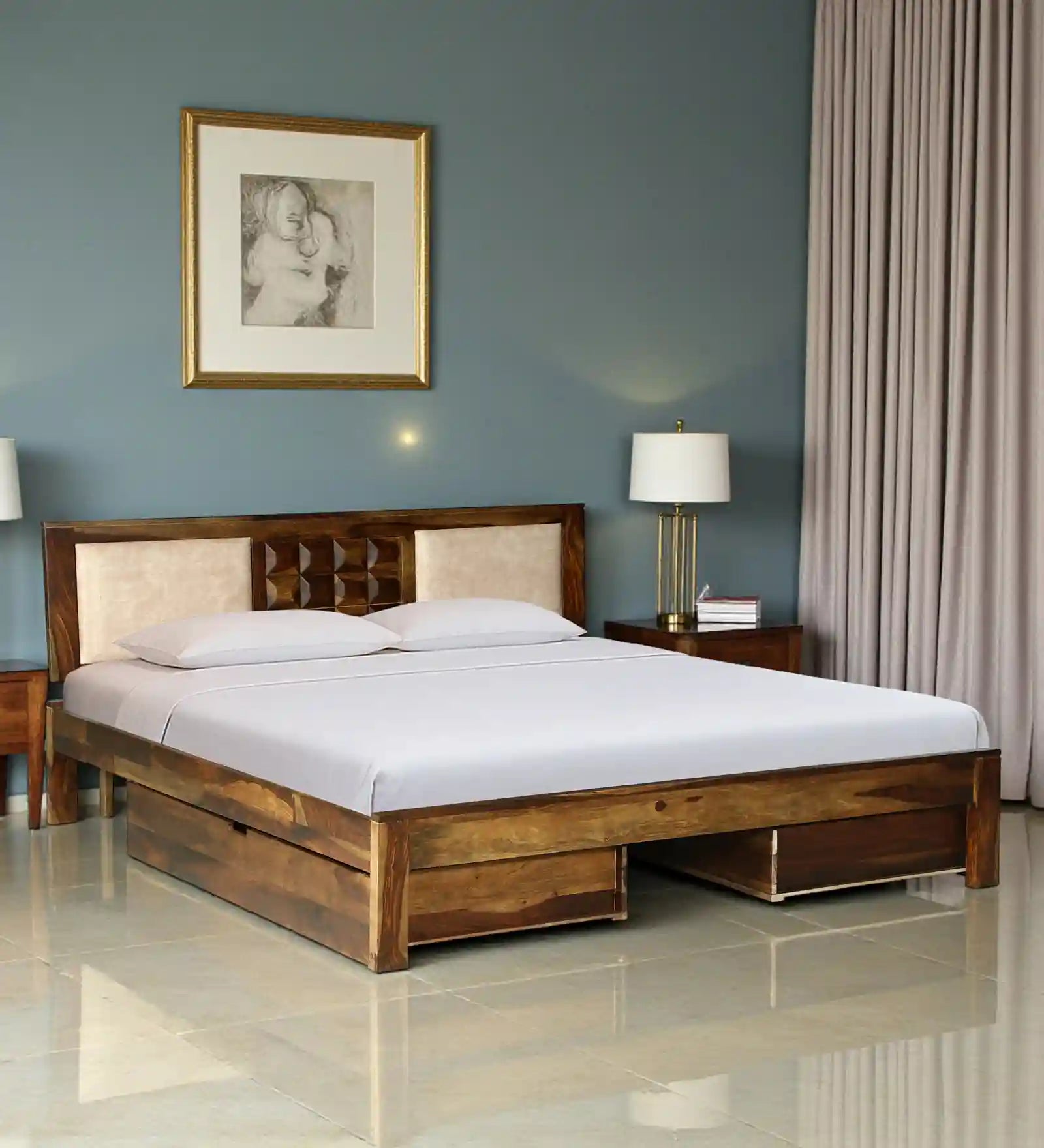 Tejas Solid Wood Queen Size Bed With Hydraulic Storage