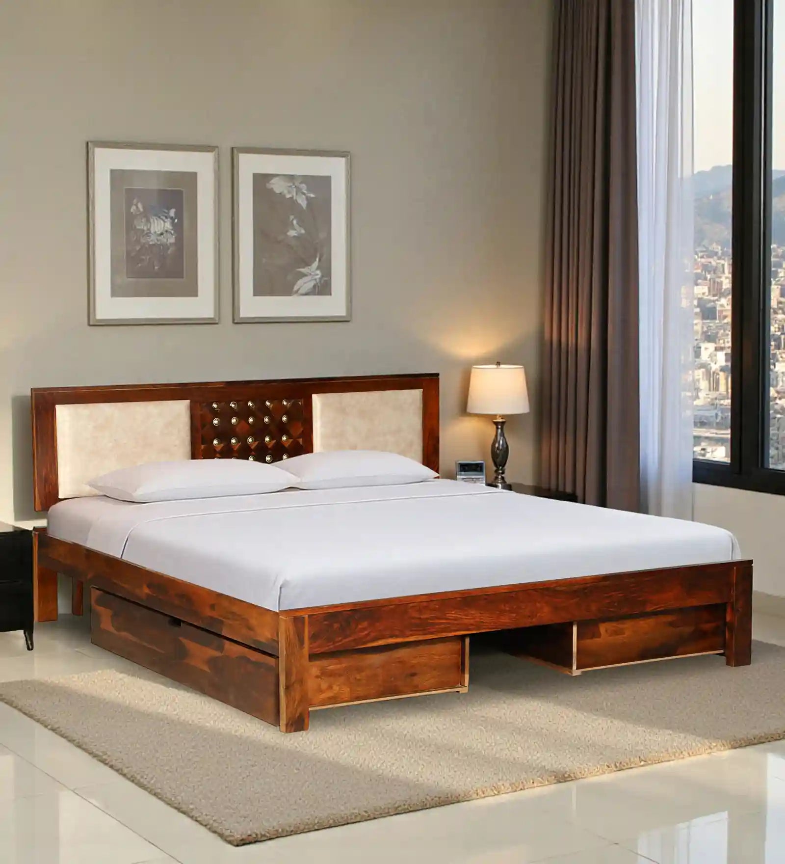 Bakhra Sheesham Wood Queen Size Bed With Storage Drawers