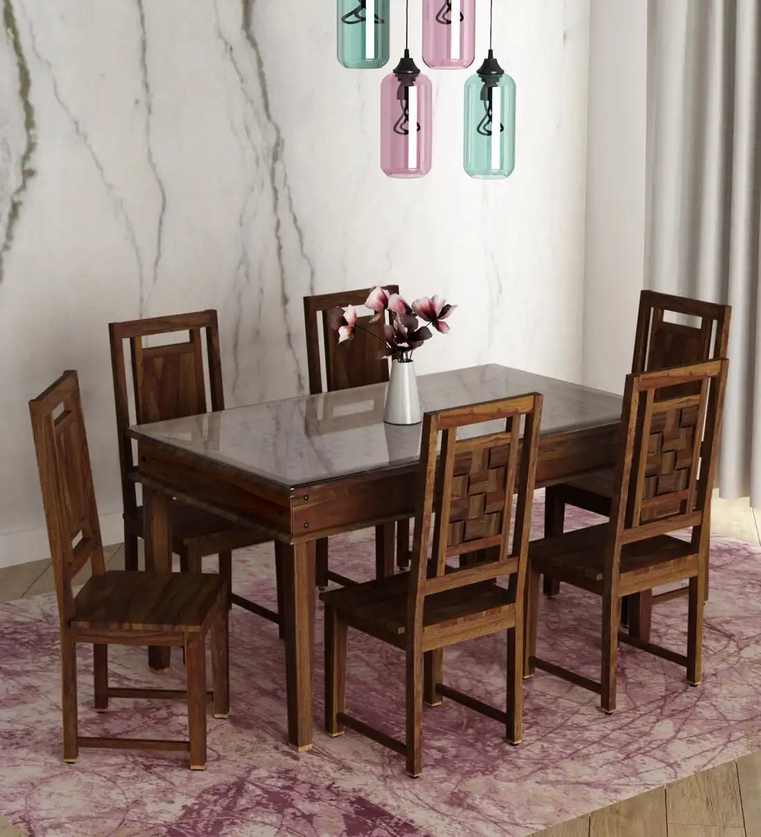 Teak Wood Dining Glass Dining Table Set With Chairs Niware