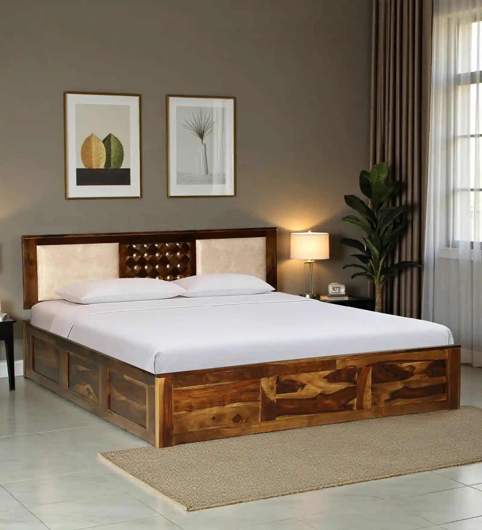 Bakhra Solid Sheesham Wood Queen Size Bed With Box Storage