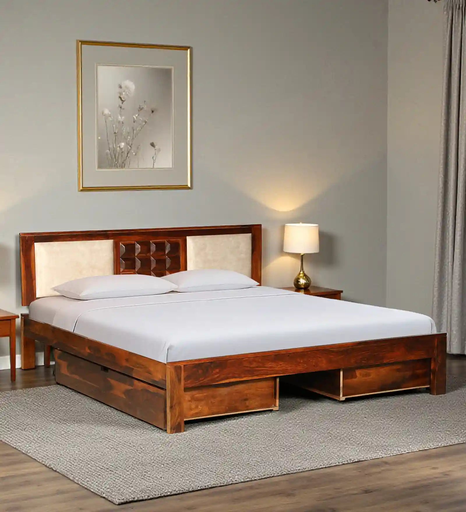 Tejas Solid Wood Queen Size Bed With Storage Drawers