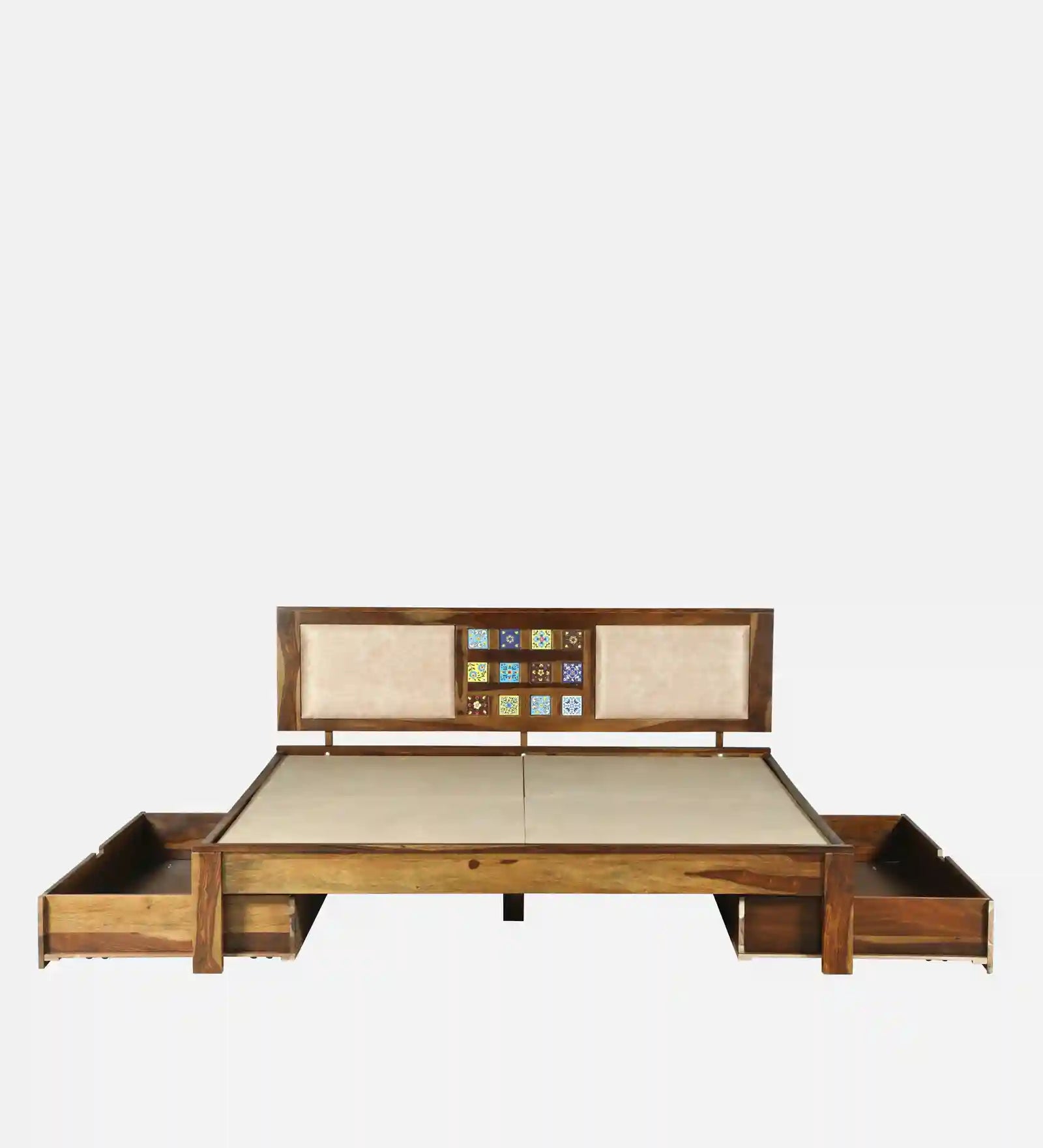 solid sheesham wood bed drawer side structure queen size storage bed india