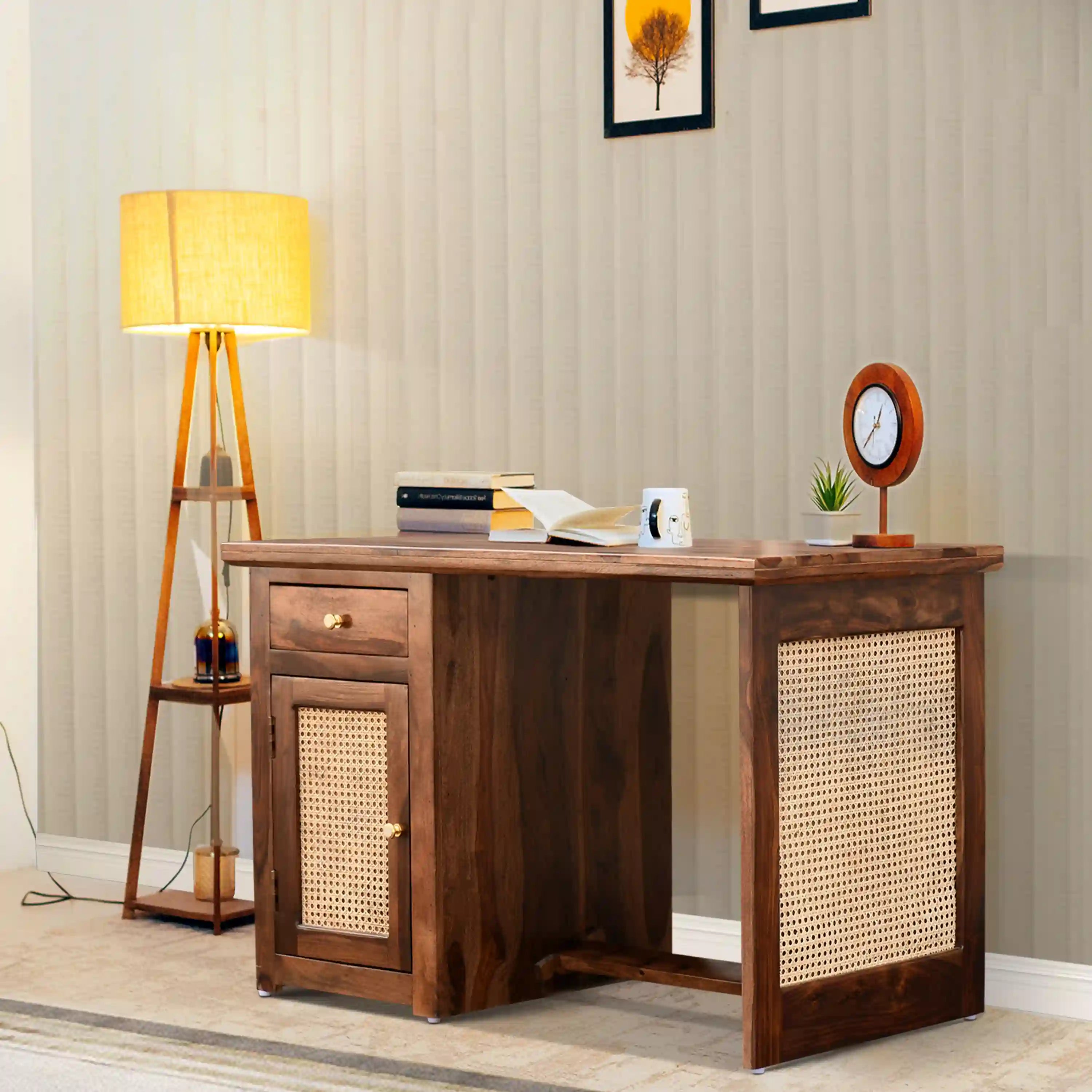Rattan Sheesham Wood Cane Study Table