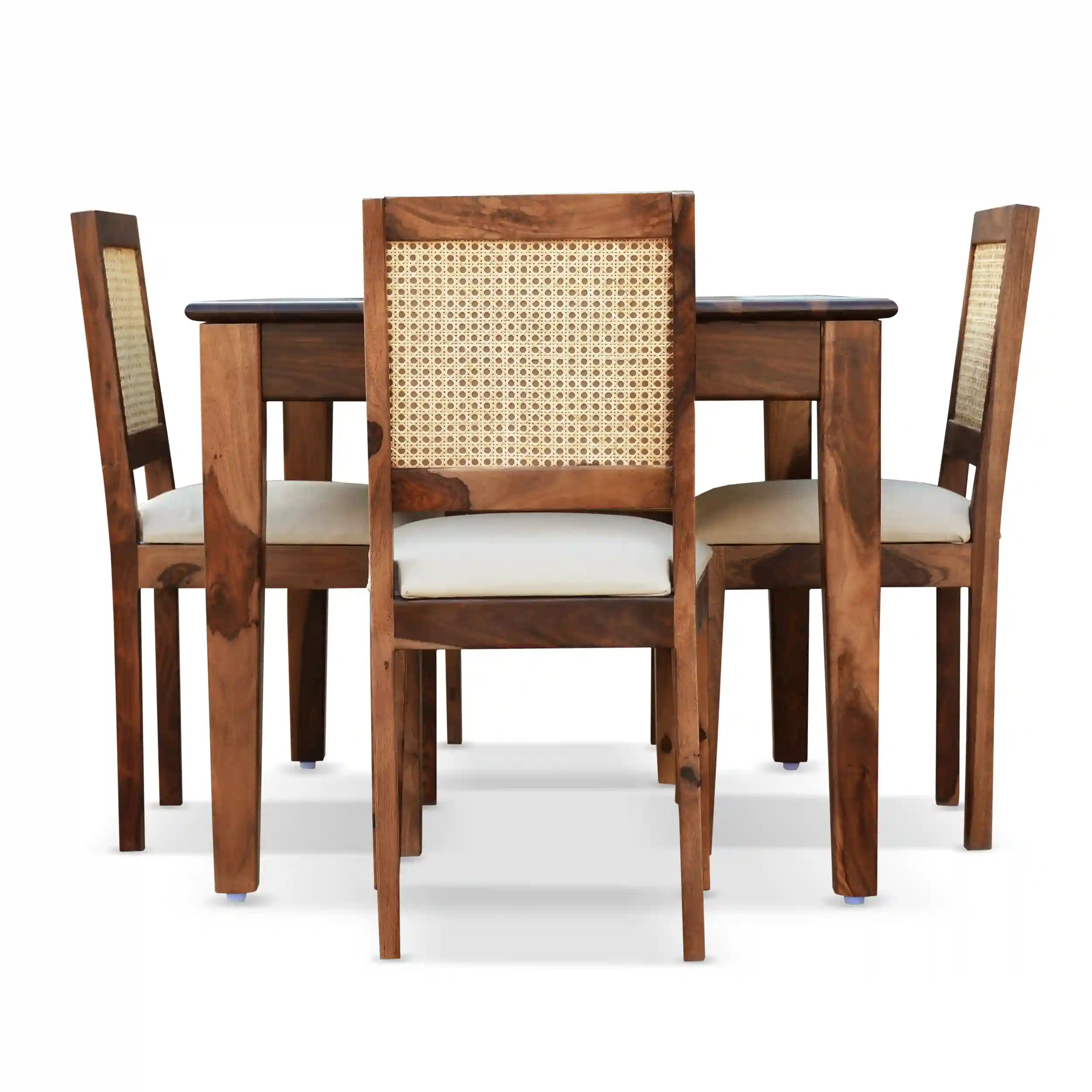 Rattan Solid Wood Cane 4 Seater Dining Table Set