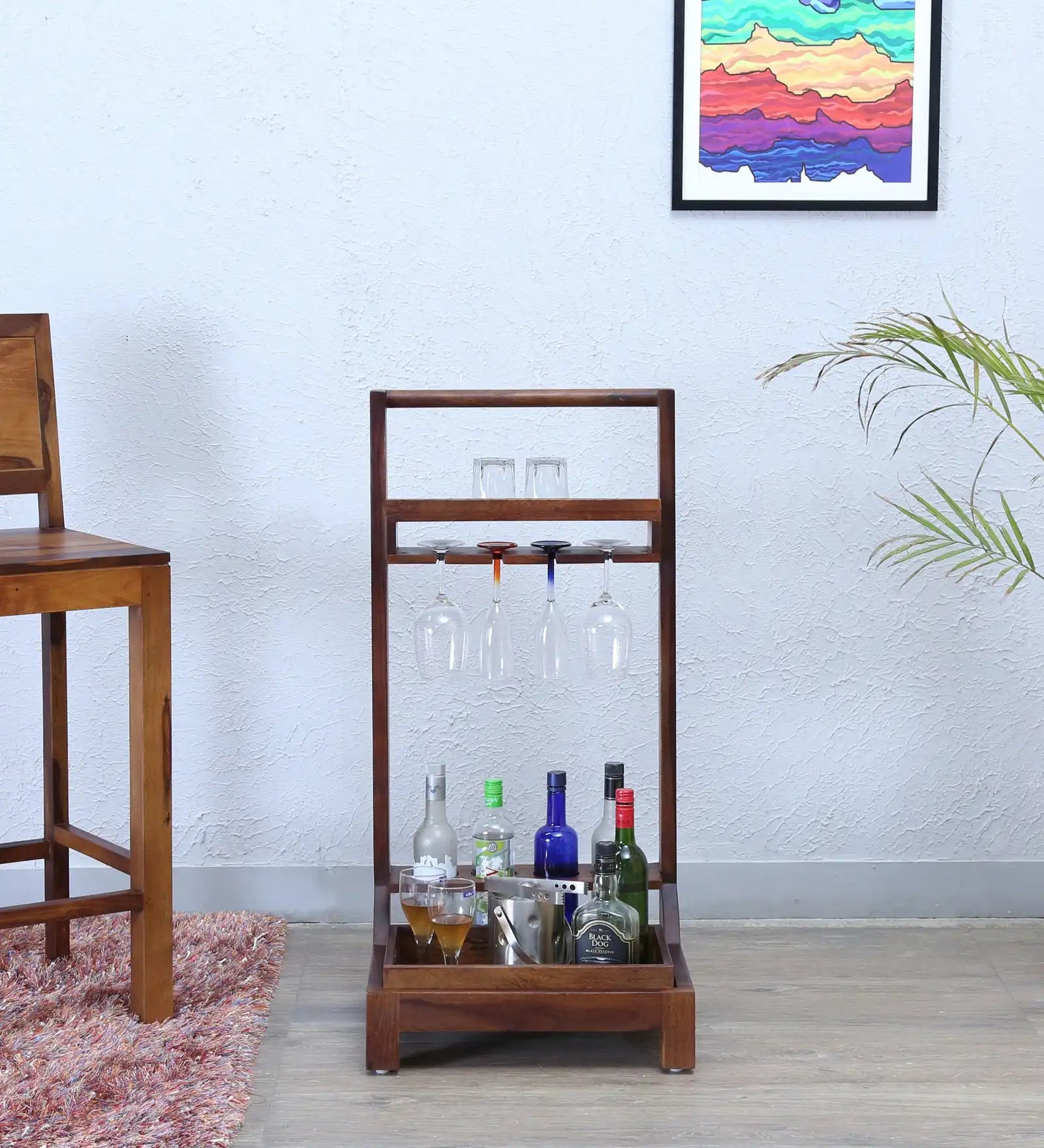 Acro sheesham wood bar trolley in solid wood for stylish home bar setup in India
