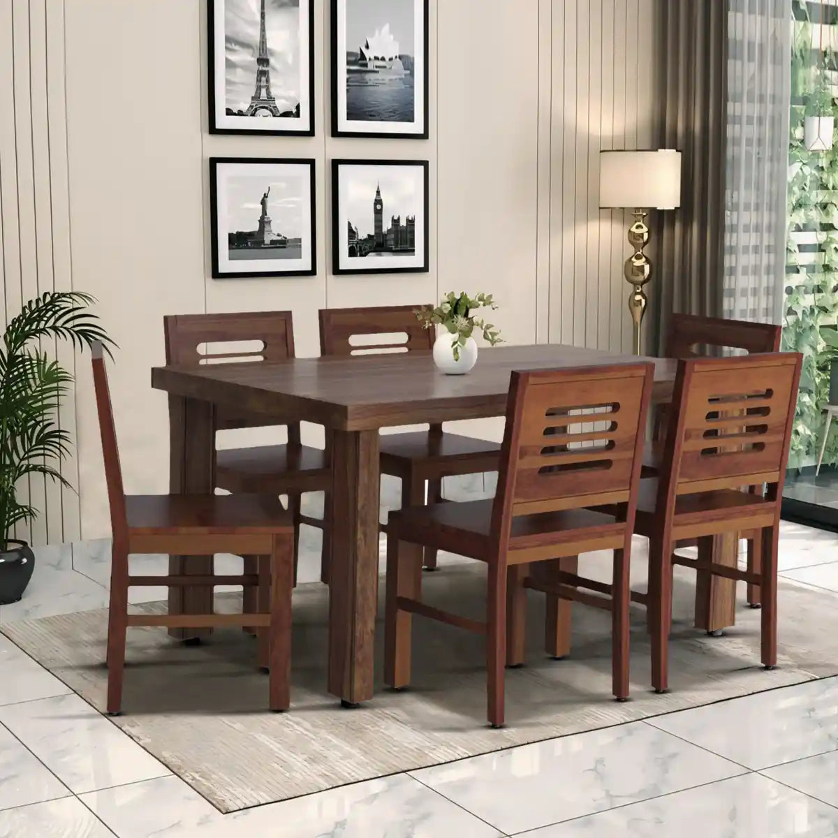 Acro solid wood sheesham six seater dining table set for modern Indian homes premium furniture