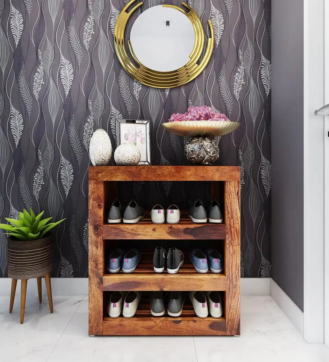 Acro solid wood shoe rack cabinet made from premium sheesham wood for modern Indian homes