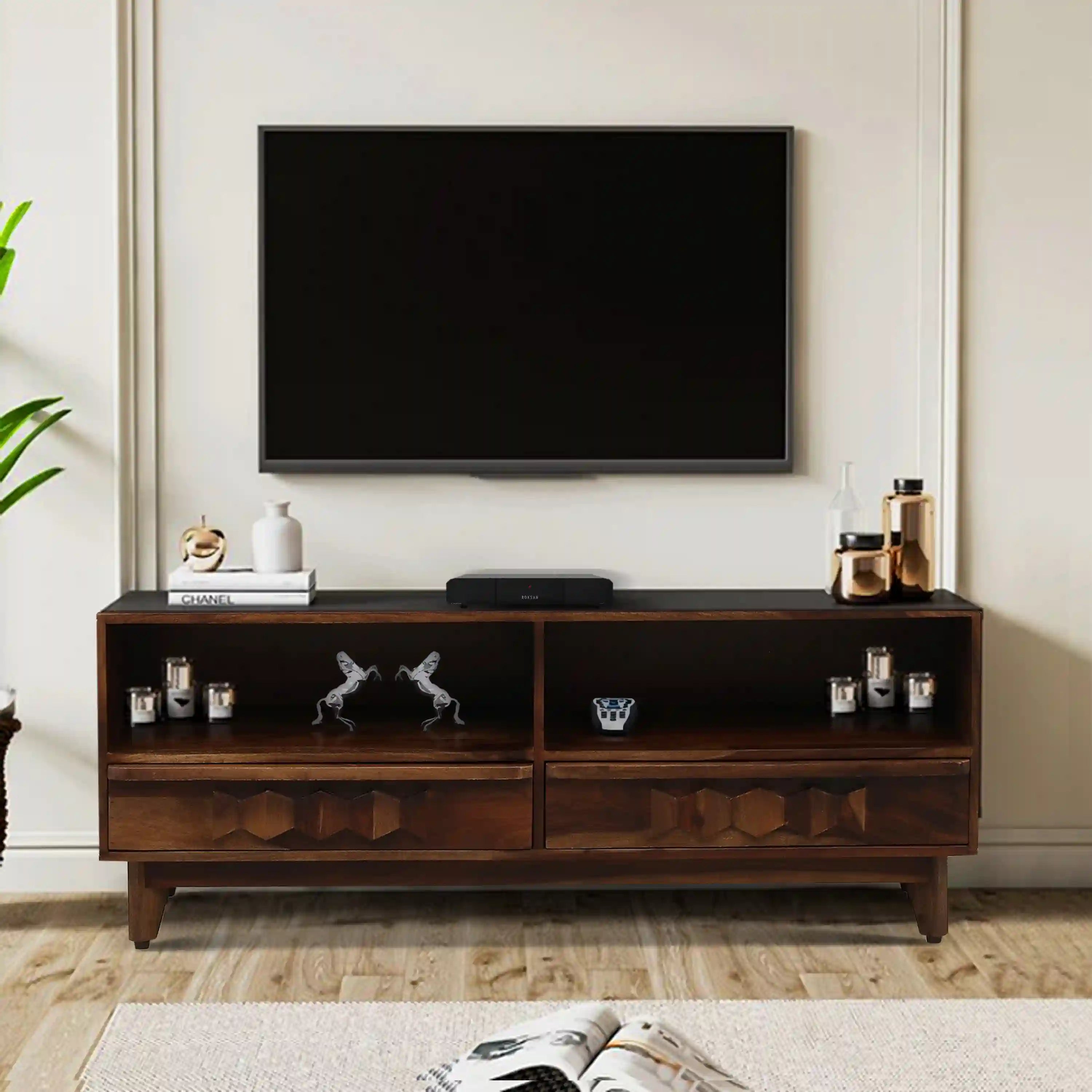 Alford sheesham wood tv unit solid wood tv stand with drawers for living room India