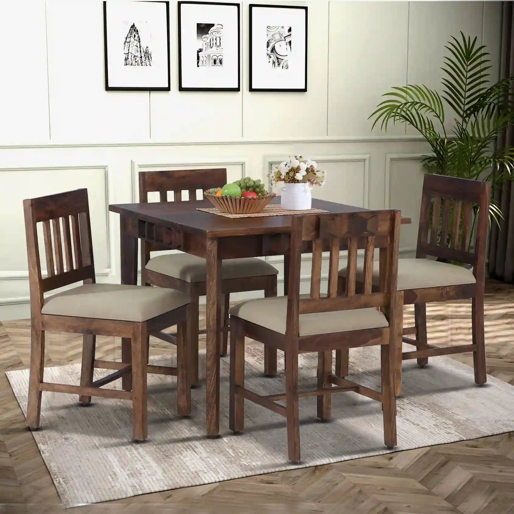 Alford solid sheesham wood four seater dining table set premium wooden furniture India