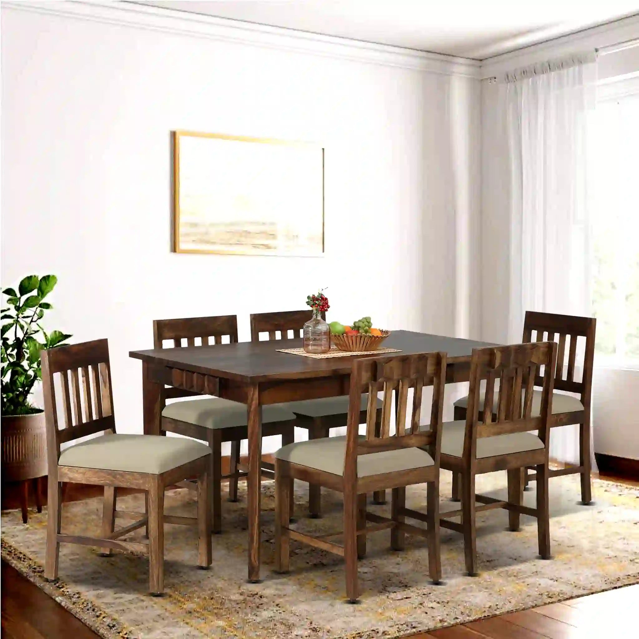 Alford solid sheesham wood six-seater dining table set premium durable furniture for modern Indian homes