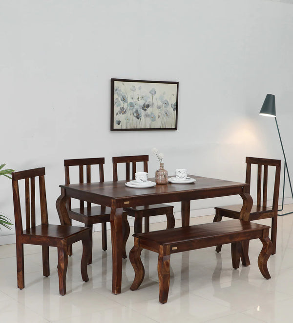Kairo Solid Wood 6 Seater Dining Set With Bench In Provincial Teak Finish By Rajwada