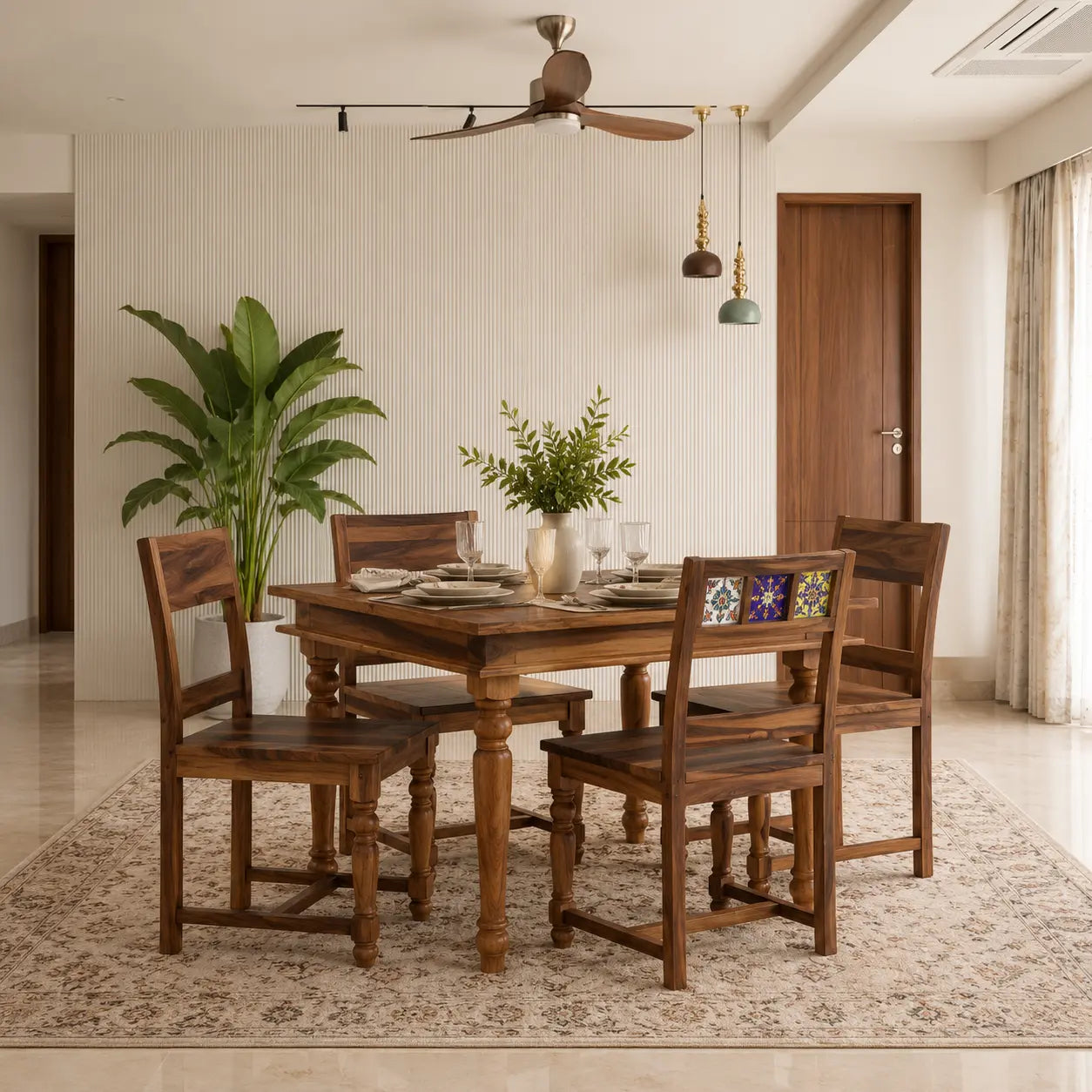 Anamika Natural Wood 4 Seater Dining Table Set in Teak Finish