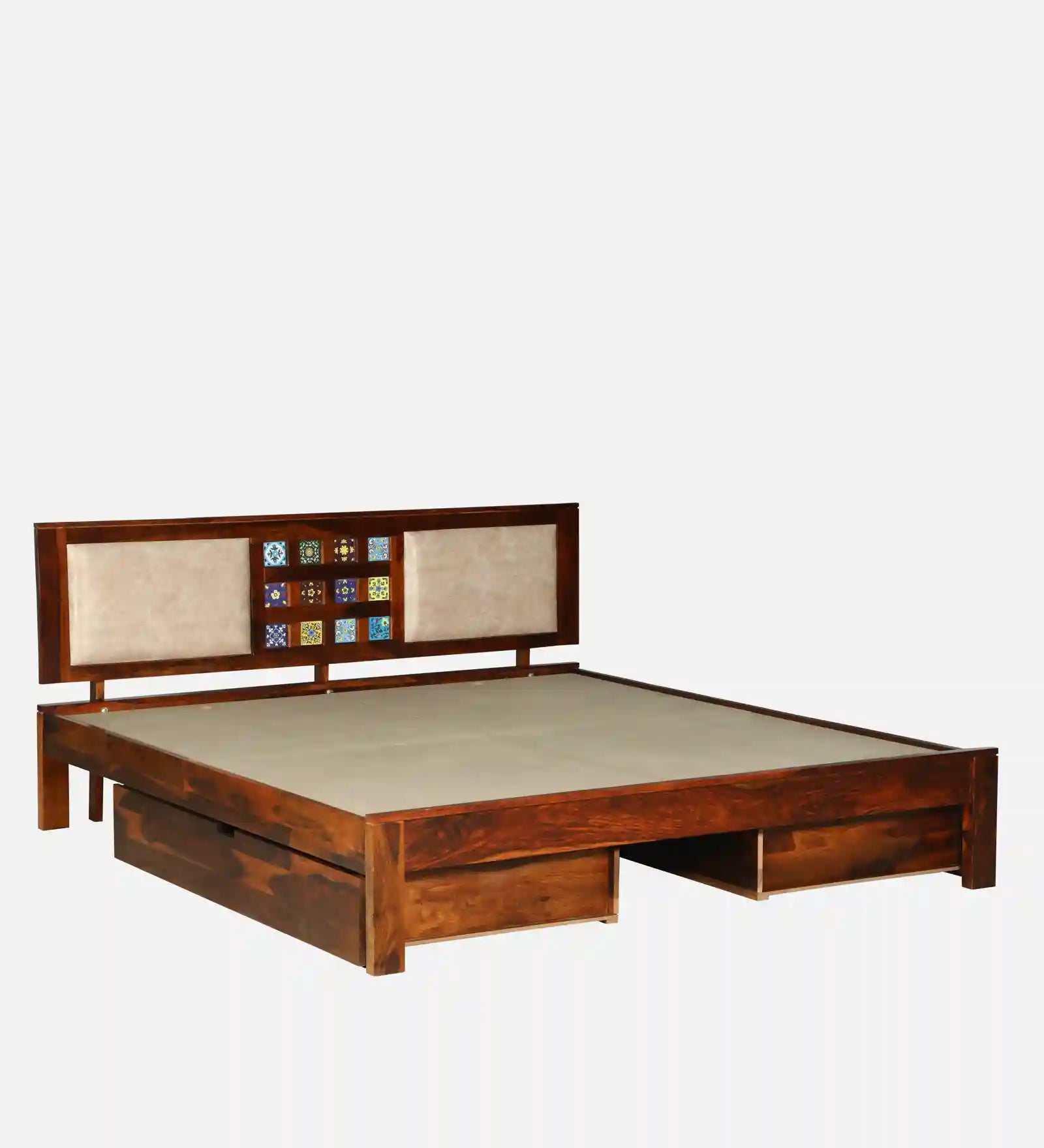 sheesham wood queen size drawer storage bed surface layout top view india