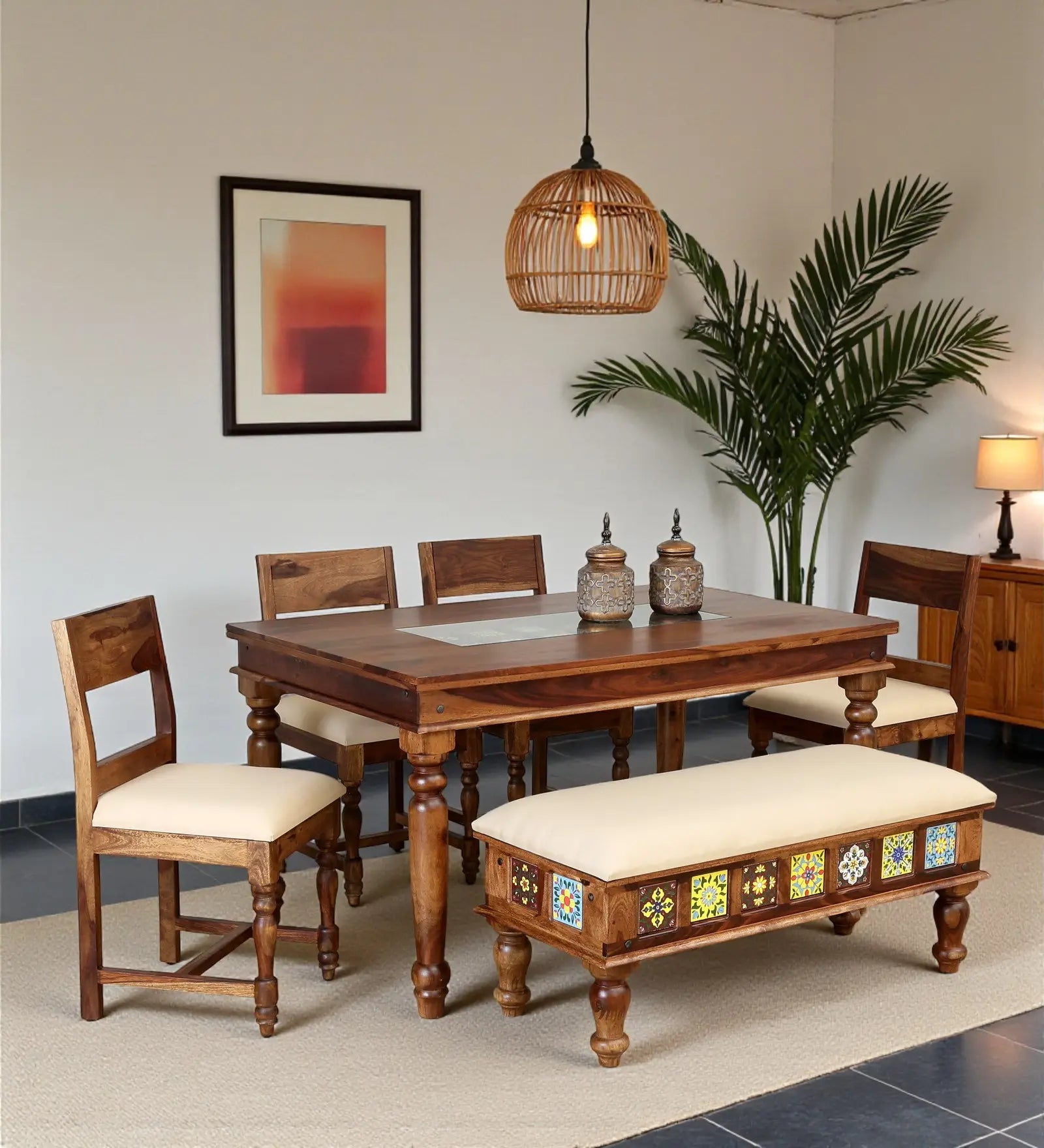 Anamika sheesham wood 6-seater dining set with bench made from premium solid wood for modern homes in India