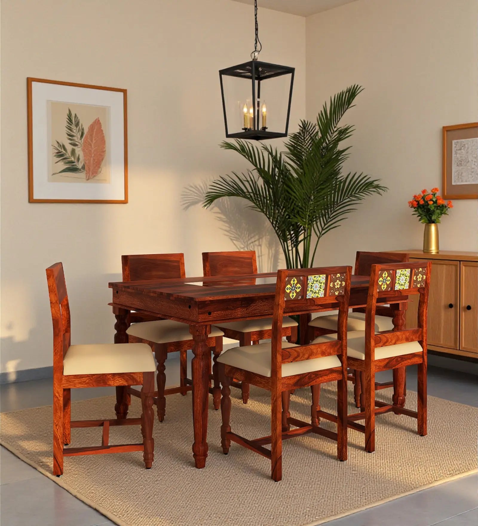Anamika solid wood six-seater dining set with cushioned chair premium sheesham wood furniture for modern Indian homes