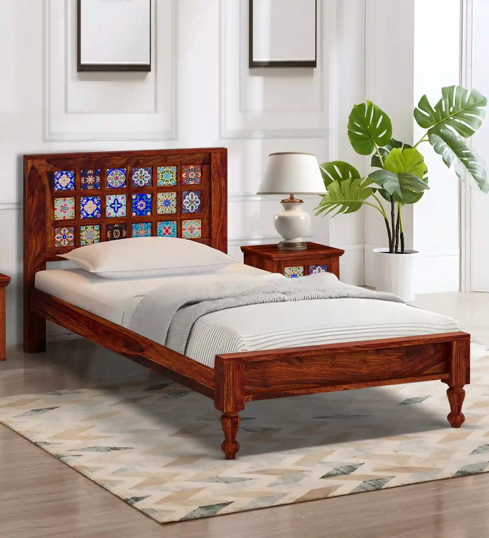 anamika sheesham wood single bed without storage styled in modern bedroom setup