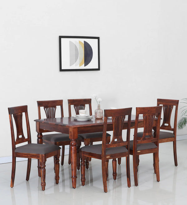 Sheerel Solid Wood 6 Seater Dining Set With Brown Floral Upholstery Chair In Honey Oak Finish - By Rajwada