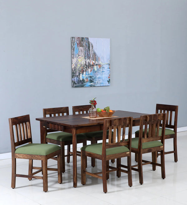 Alford Solid Wood 6 Seater Dining Set with Green Upholstery In Provincial Teak Finish By Rajwada