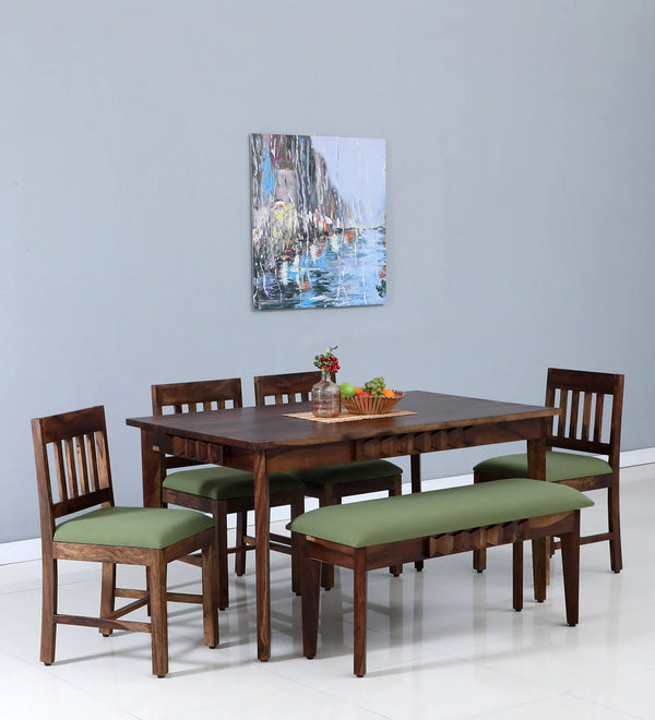 Alford Solid Wood 6 Seater Dining Set With Green Upholstery Bench In Provincial Teak Finish By Rajwada