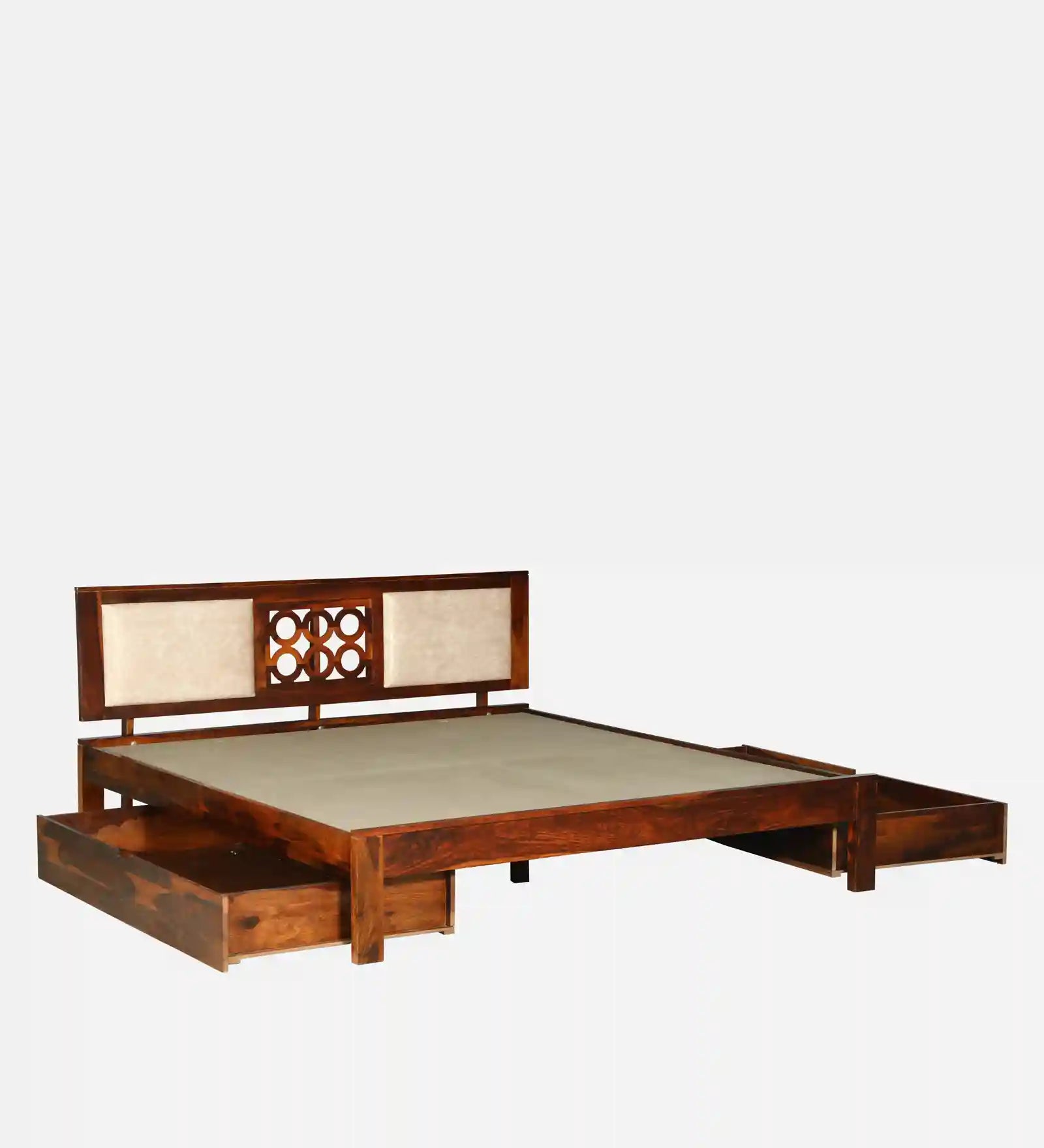 queen size wooden bed bedroom interior setup drawer storage furniture india