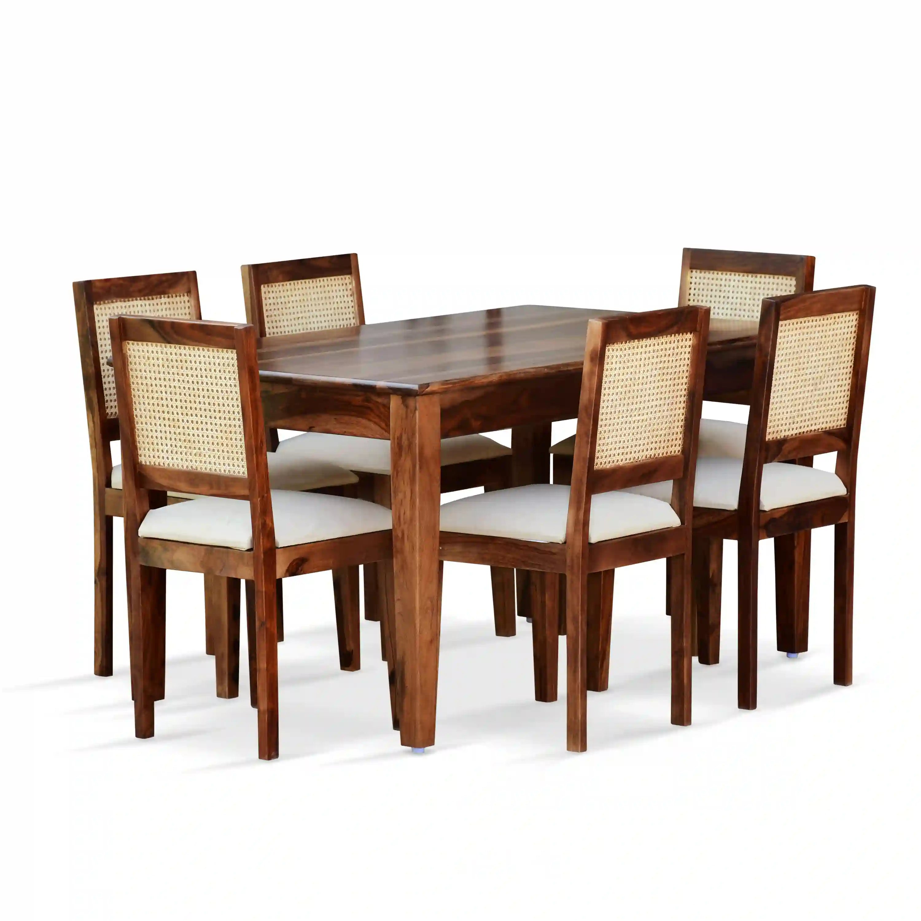 Cane 6-seater dining table set made with solid wood and rattan design for stylish home interiors
