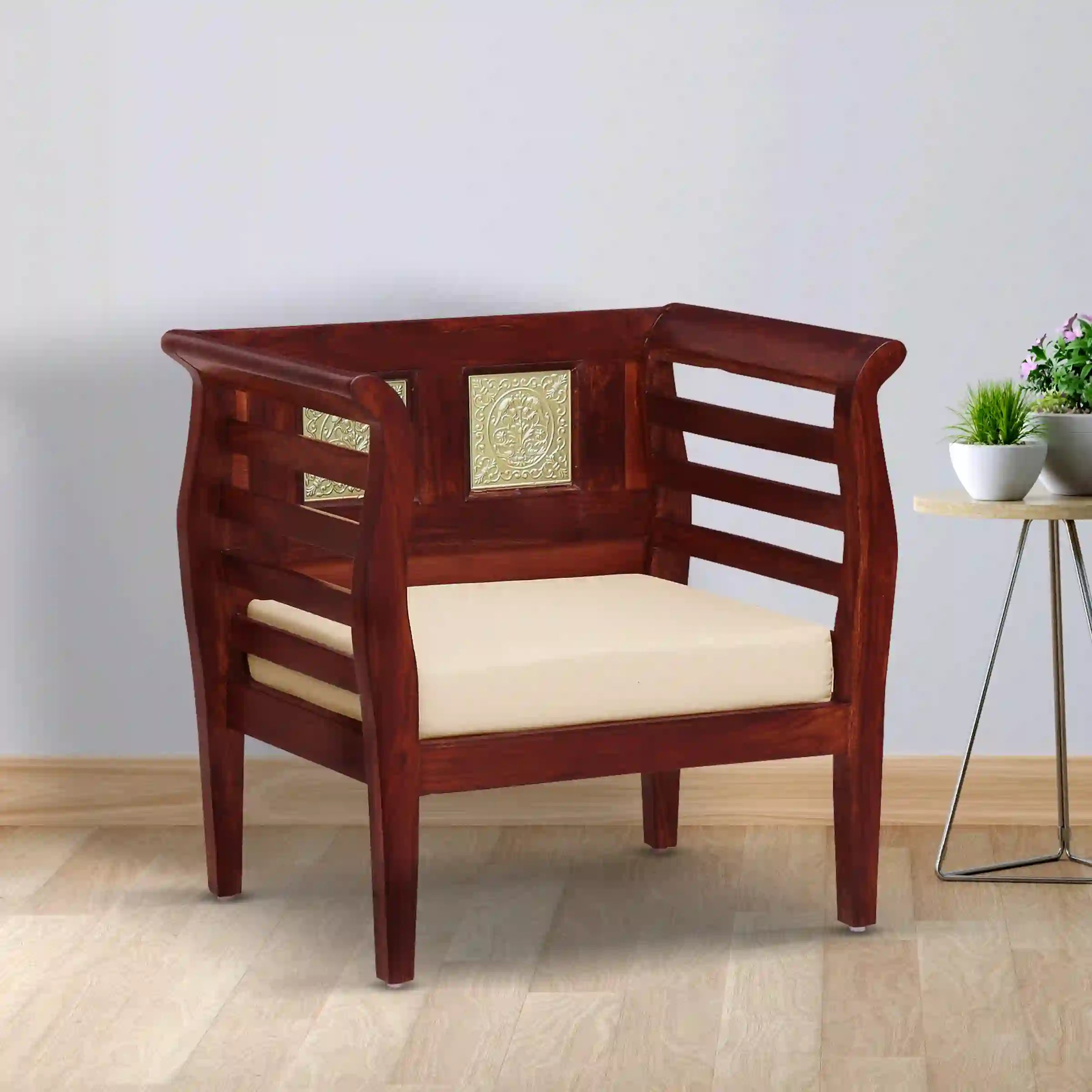 compact wooden 1 seater sofa in sheesham wood for small space