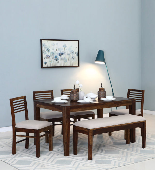 BelfortSolid Wood 6 Seater Dining Set With Bench In Provincial Teak Finish By Rajwada