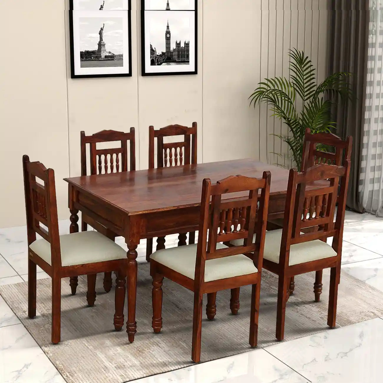 Devanti traditional solid wood six seater dining table set crafted for premium Indian home interiors