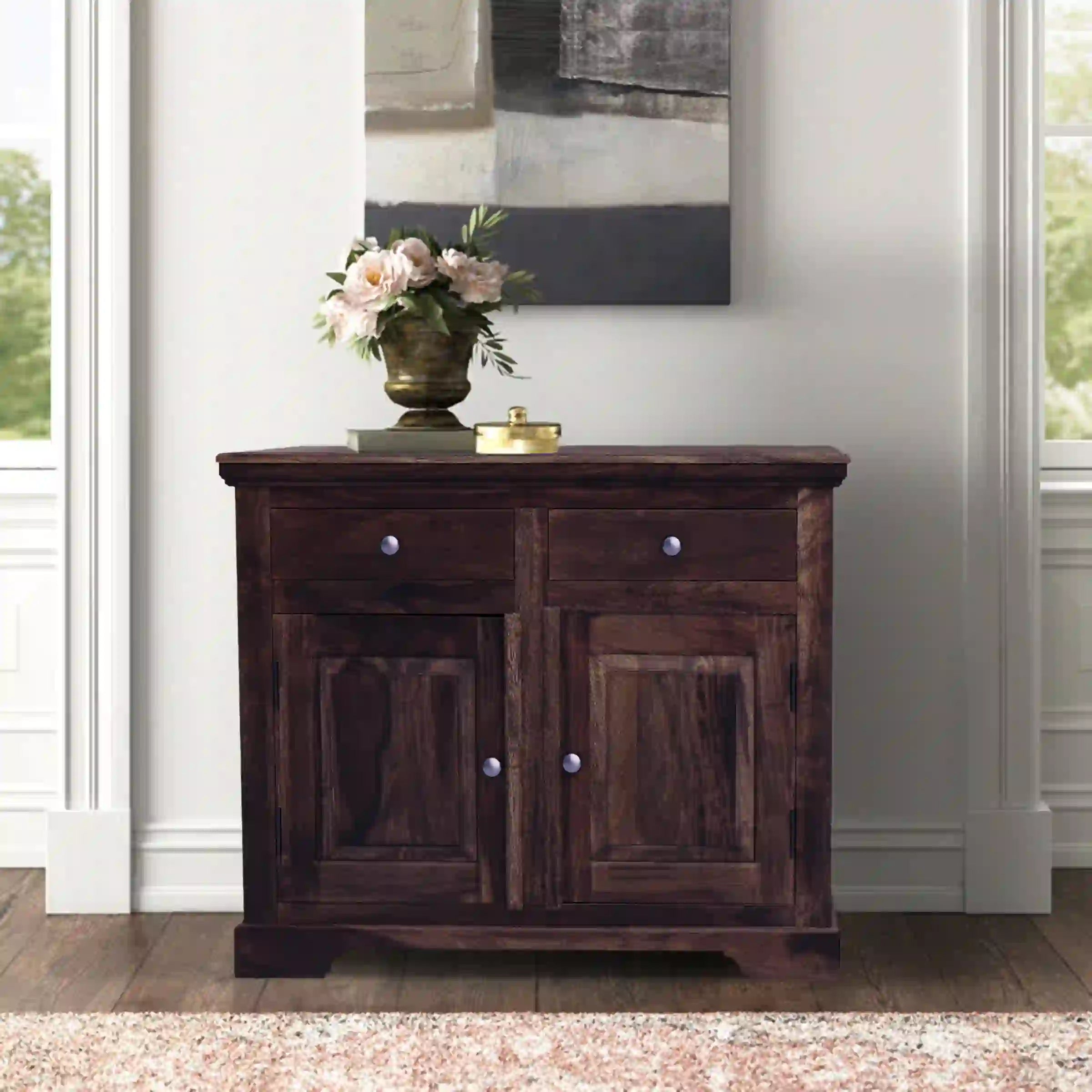 Double door credenza sheesham wood storage console furniture unit