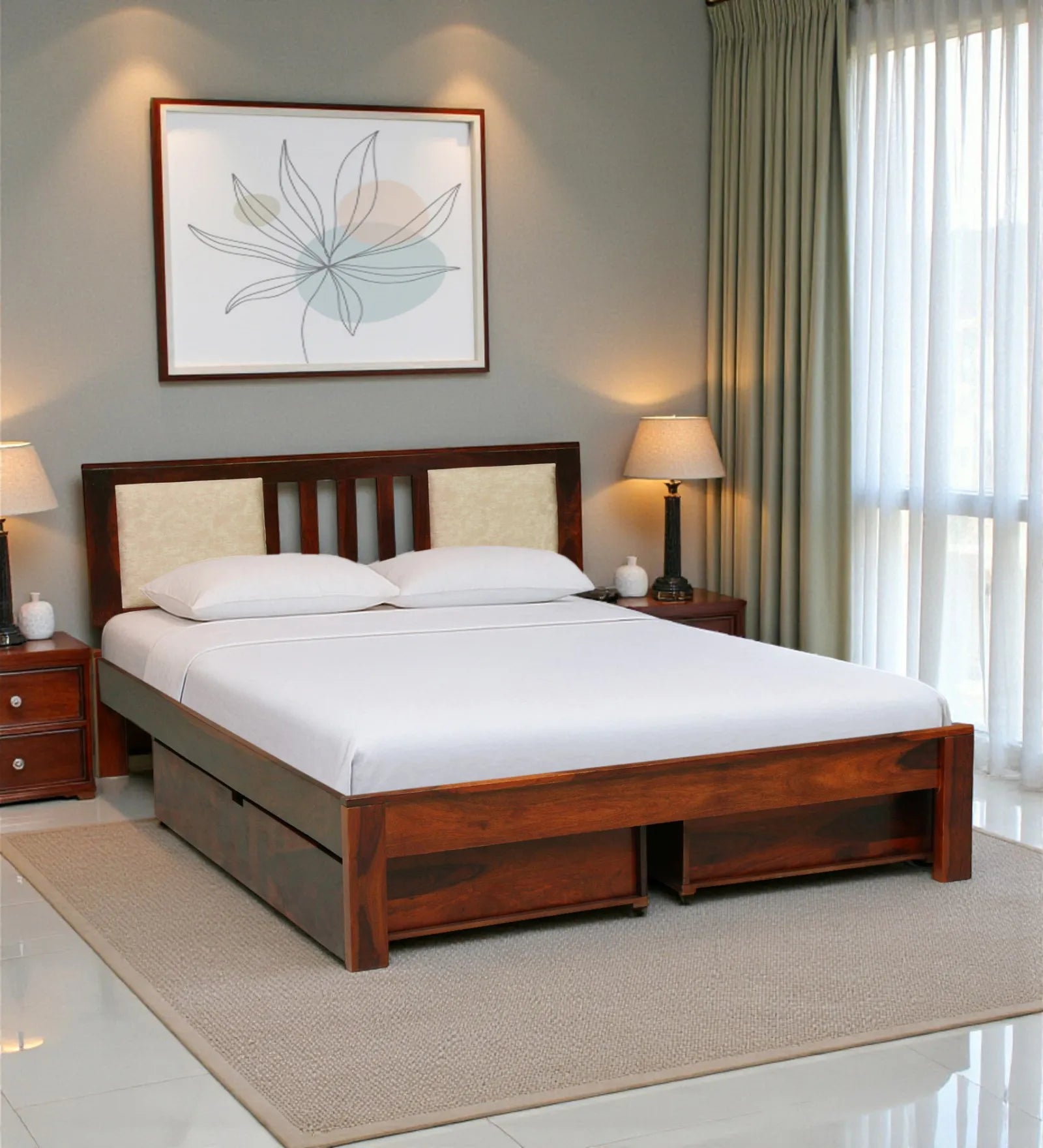 sheesham wood queen size drawer storage bed core structure india