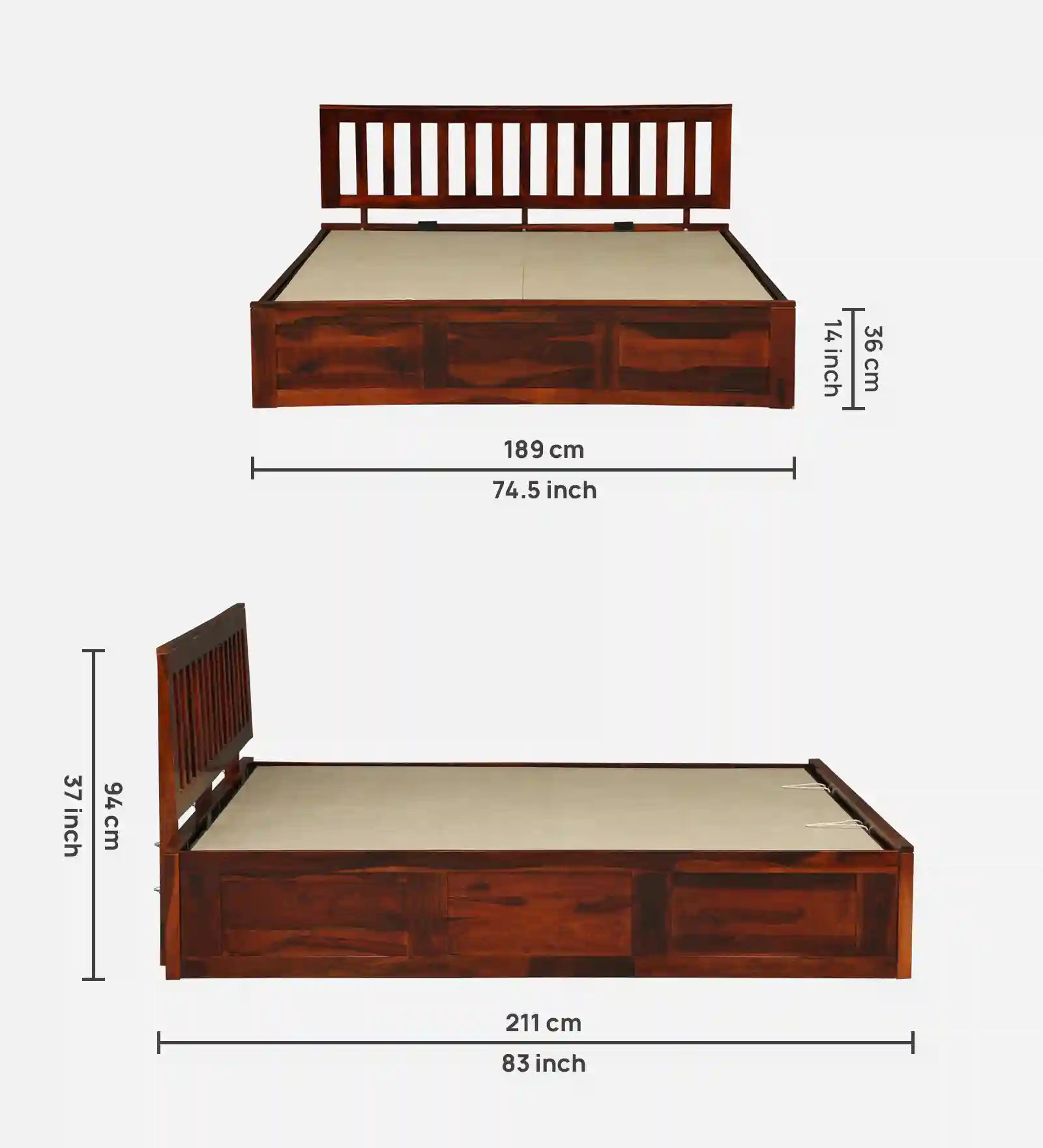 Druma Indian style king bed hydraulic storage wood teak
