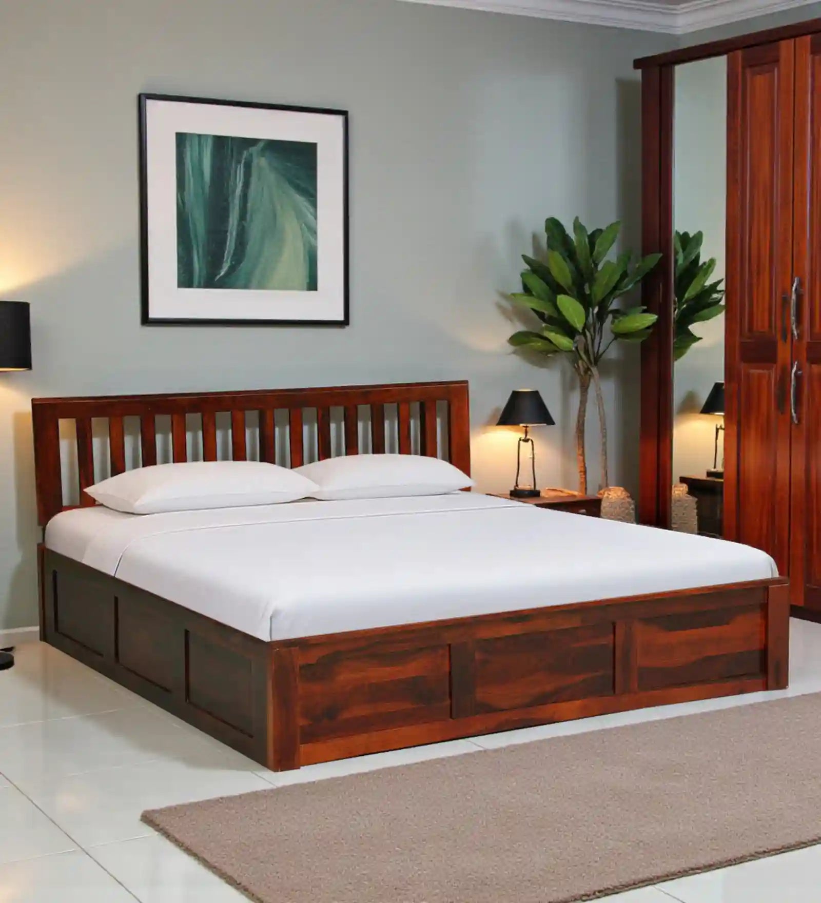 Druma sheesham king bed hydraulic storage teak finish strong frame