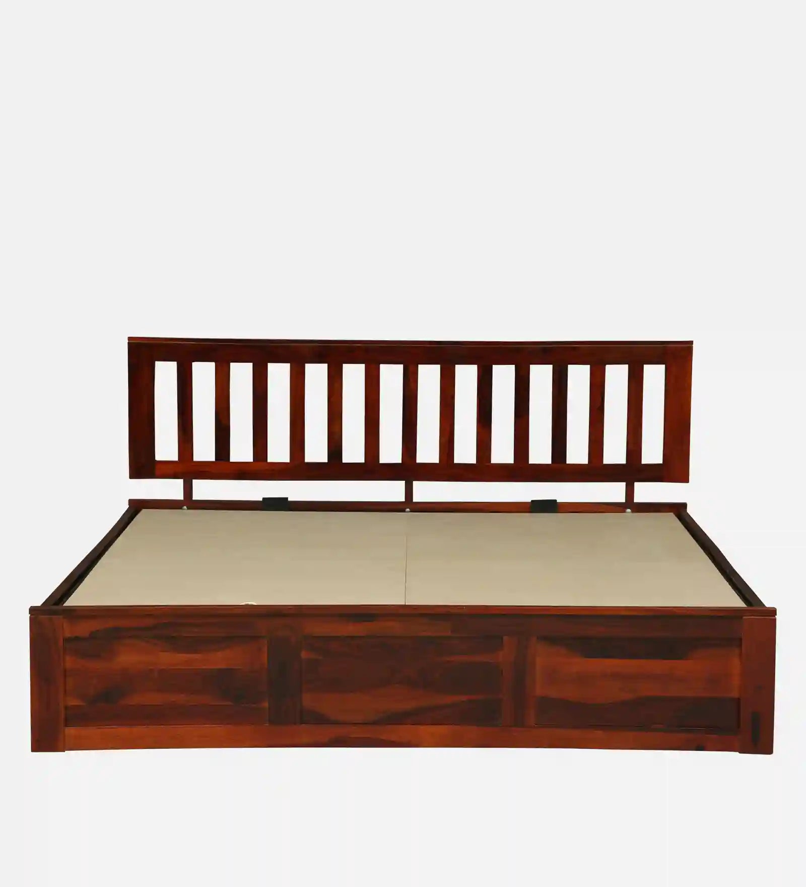 Druma solid wood king bed hydraulic lift storage teak