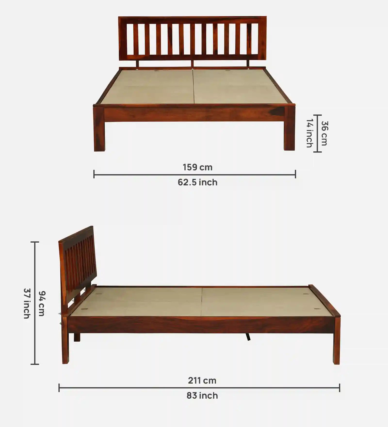druma queen size solid wood bed without storage top view clean wooden finish