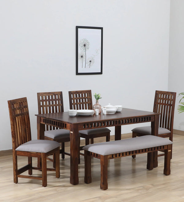 Oasis Solid Wood 6 Seater Dining Set With Chair And Bench  In Provincial Teak Finish - By Rajwada