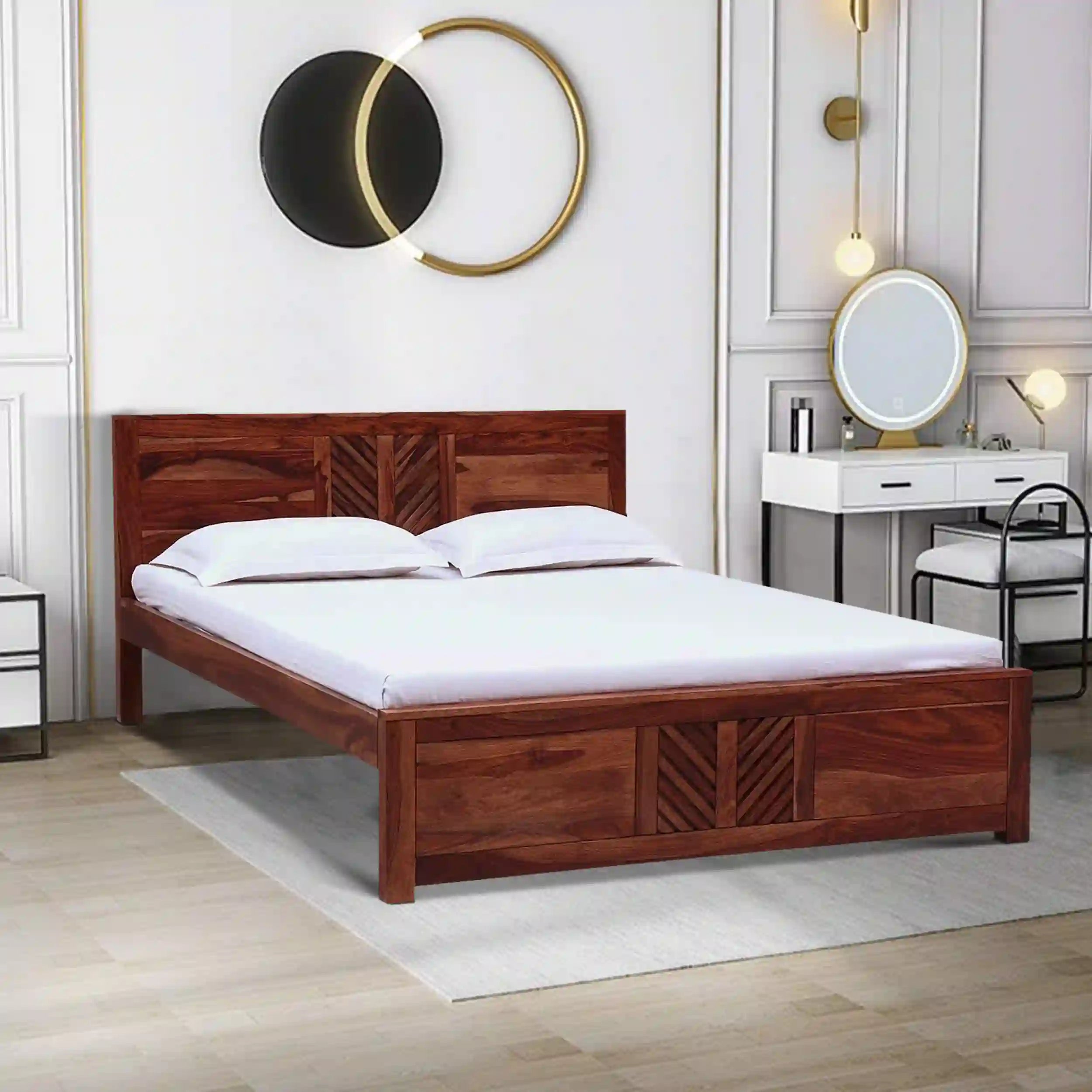 elista solid sheesham wood bed top view clean finish modern wooden bed design