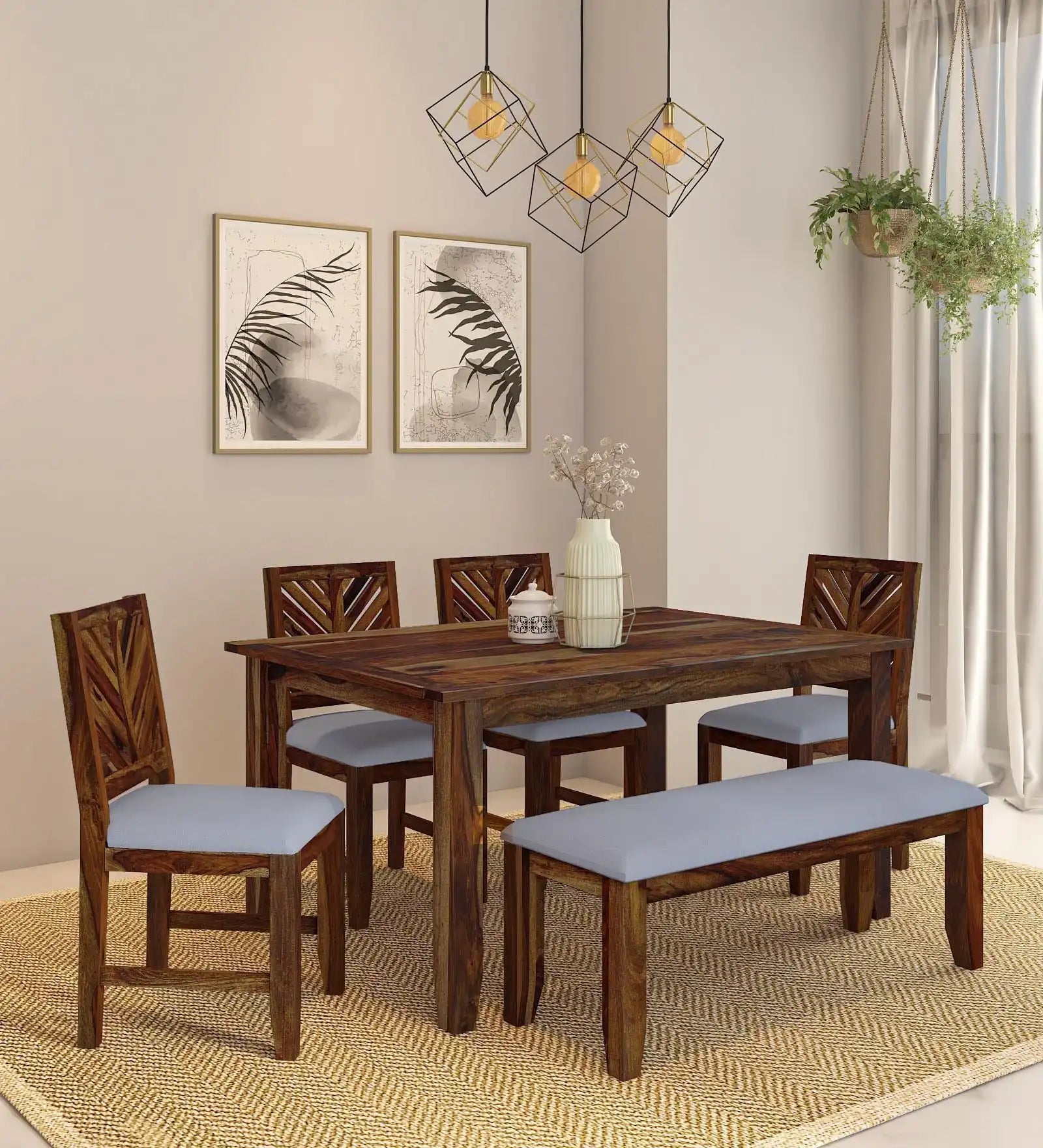 Elista solid wood six-seater dining table set with bench premium sheesham wood furniture for modern Indian homes