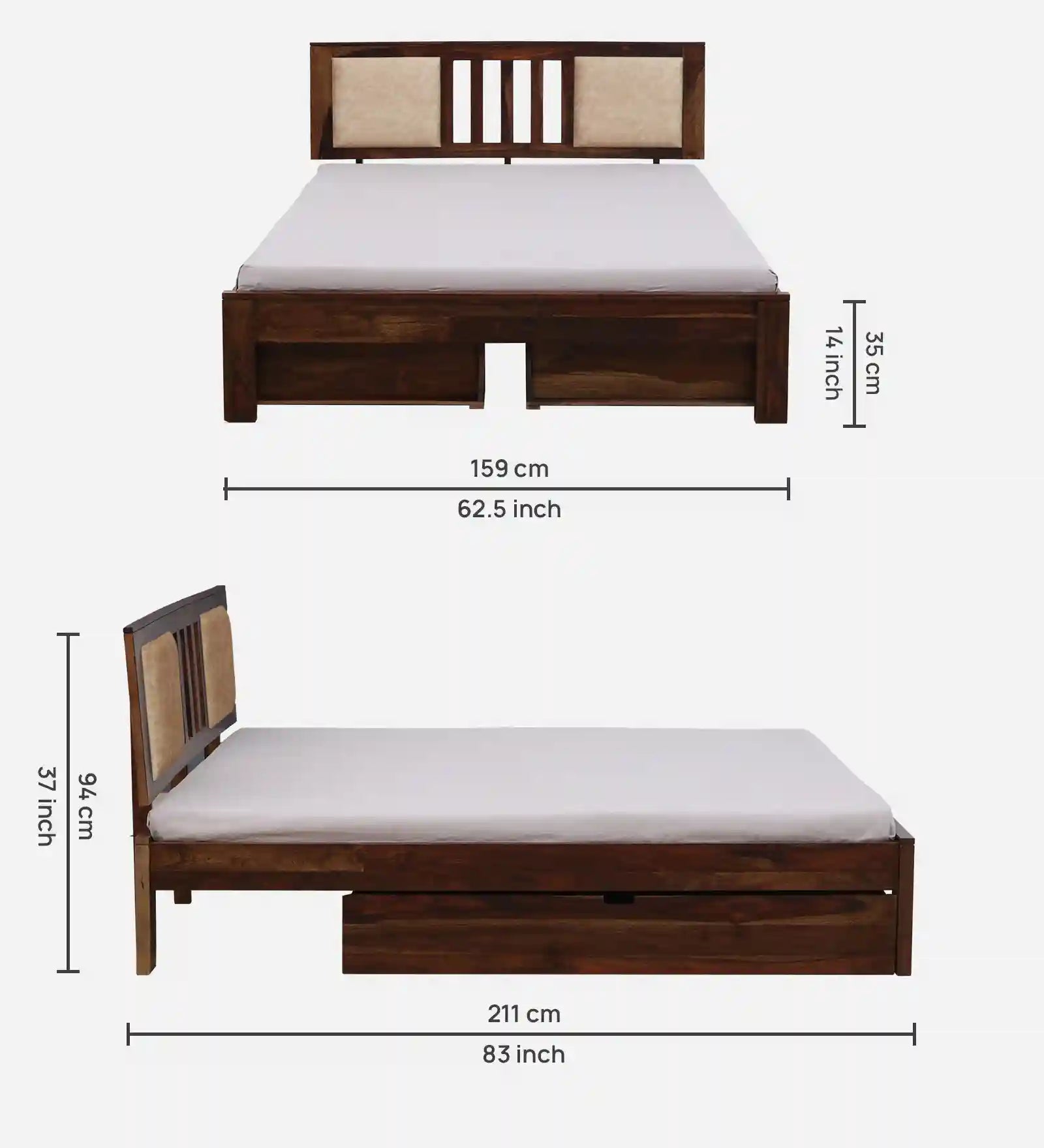 sheesham wood grain surface pattern drawer storage bed queen size india