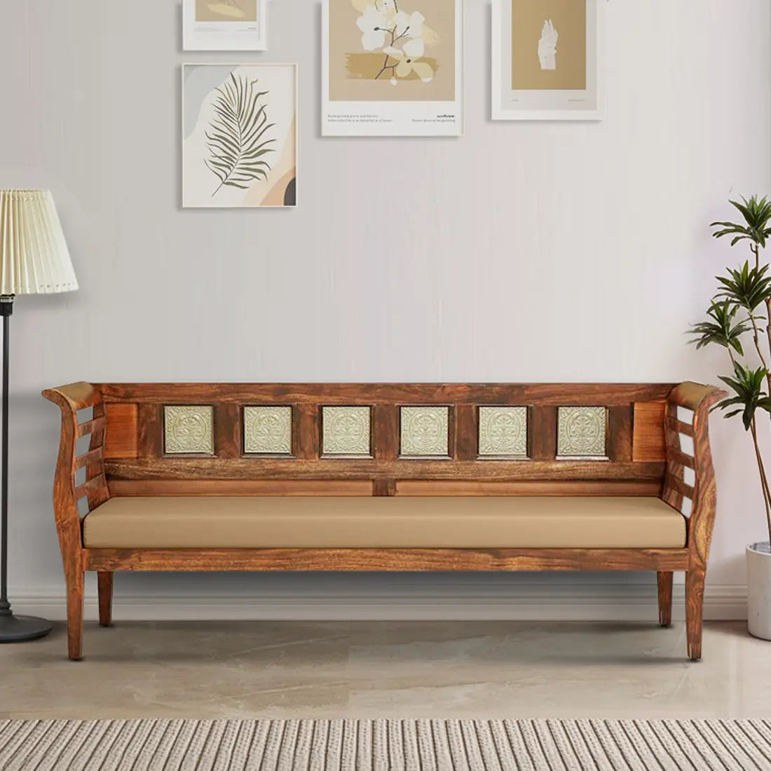 Handcrafted Aavni sheesham wood sofa 3 seater living room design