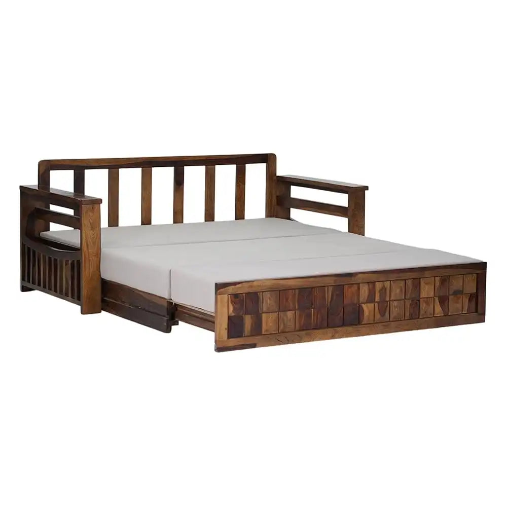 Handcrafted solid wood sofa cum bed storage pull out design