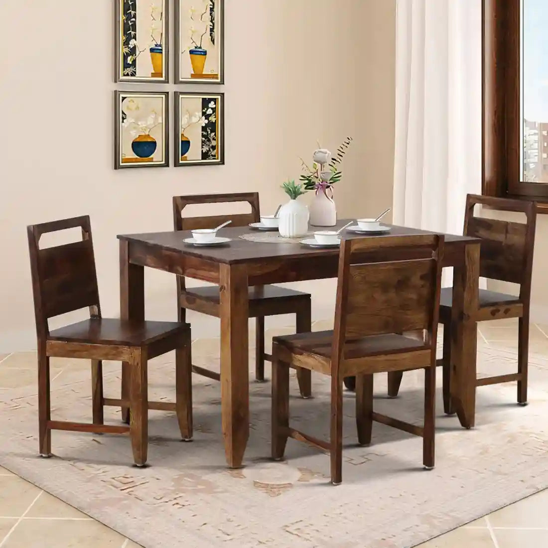 Hari solid sheesham wood four seater dining table premium wooden furniture India