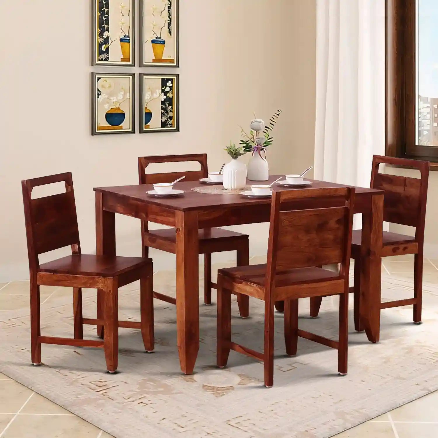 Hari solid wood four seater dining table teak finish modern dining furniture