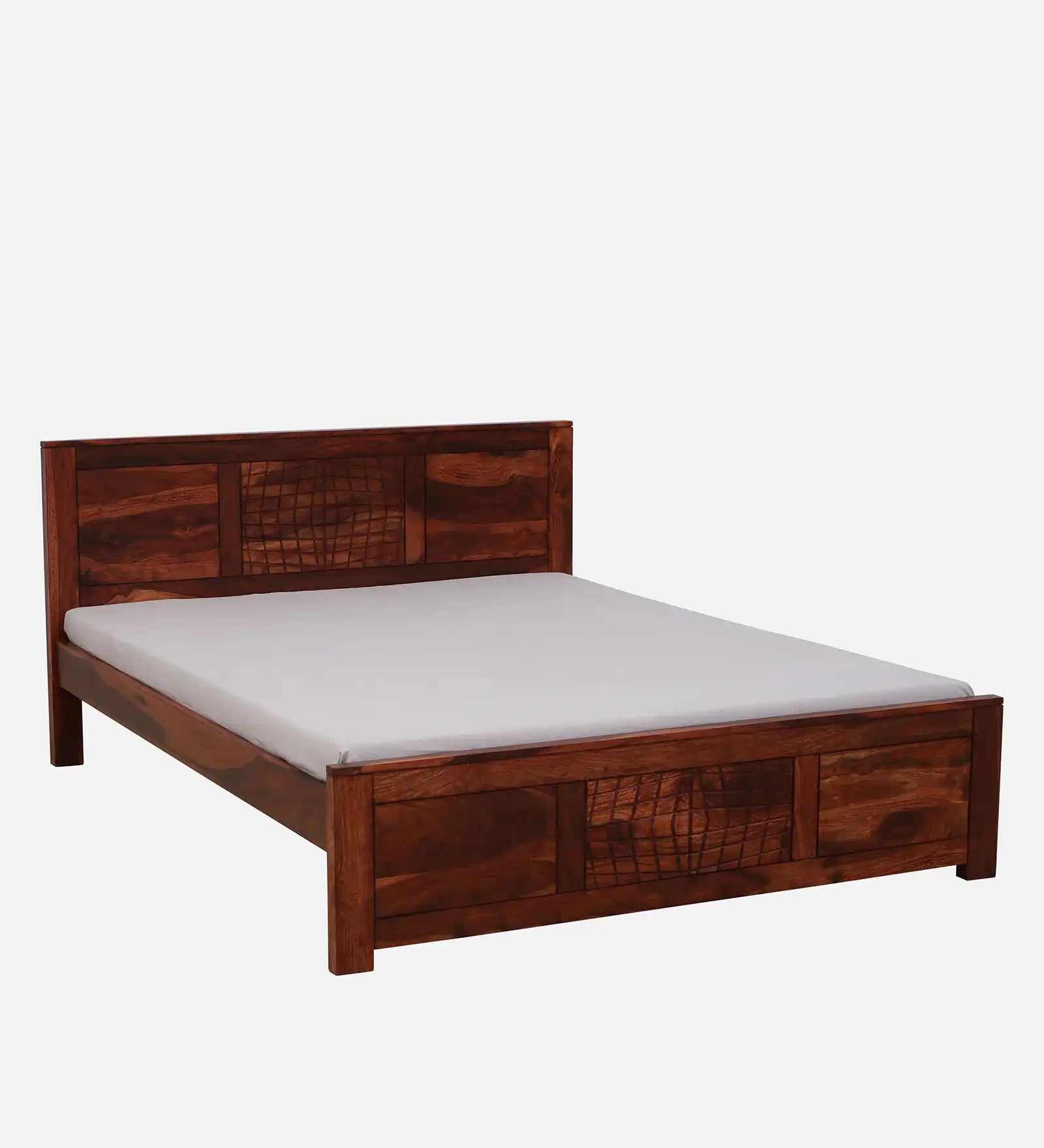 harmonia queen size solid wood bed without storage teak finish premium wooden bed design