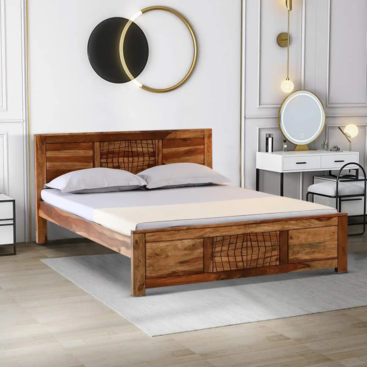 harmonia solid wood contemporary queen size bed without storage front view modern sheesham wood design