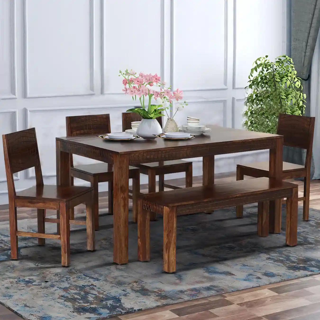 Harmonia solid wood six-seater dining table set with bench premium sheesham wood furniture for modern Indian homes