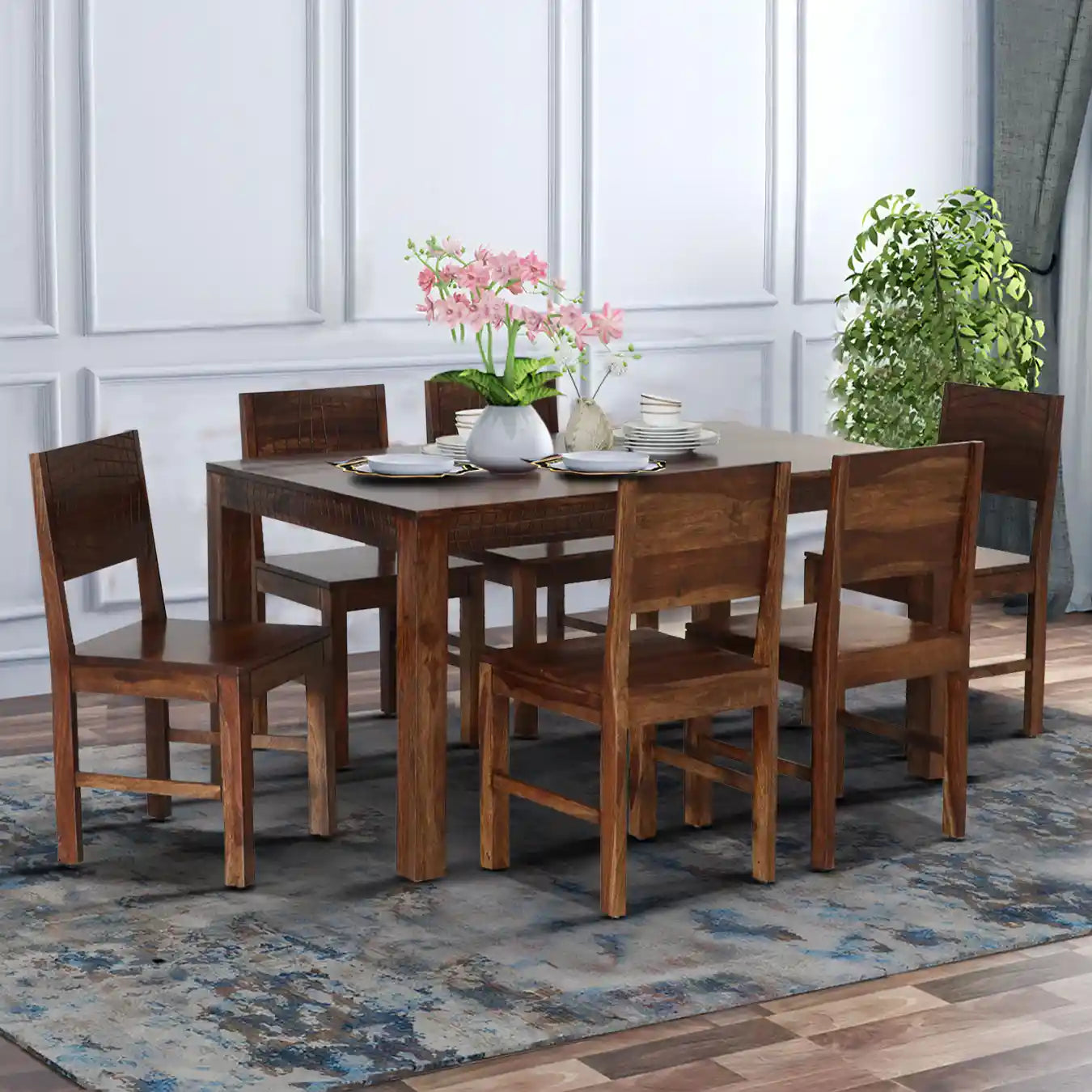 Harmonia traditional solid wood six-seater dining table set premium sheesham wood furniture for modern Indian homes