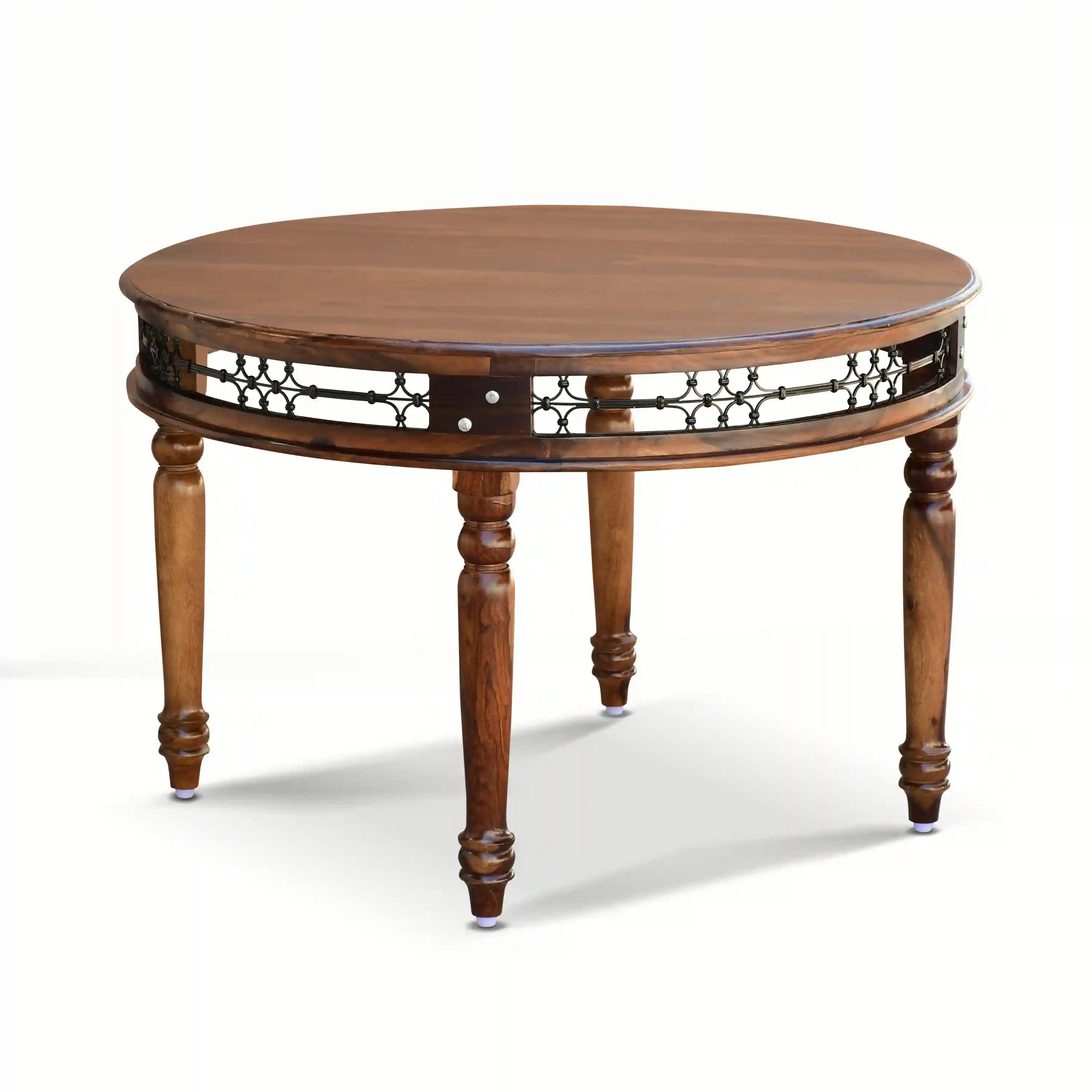 Haveli solid wood round four seater dining table set natural finish elegant design