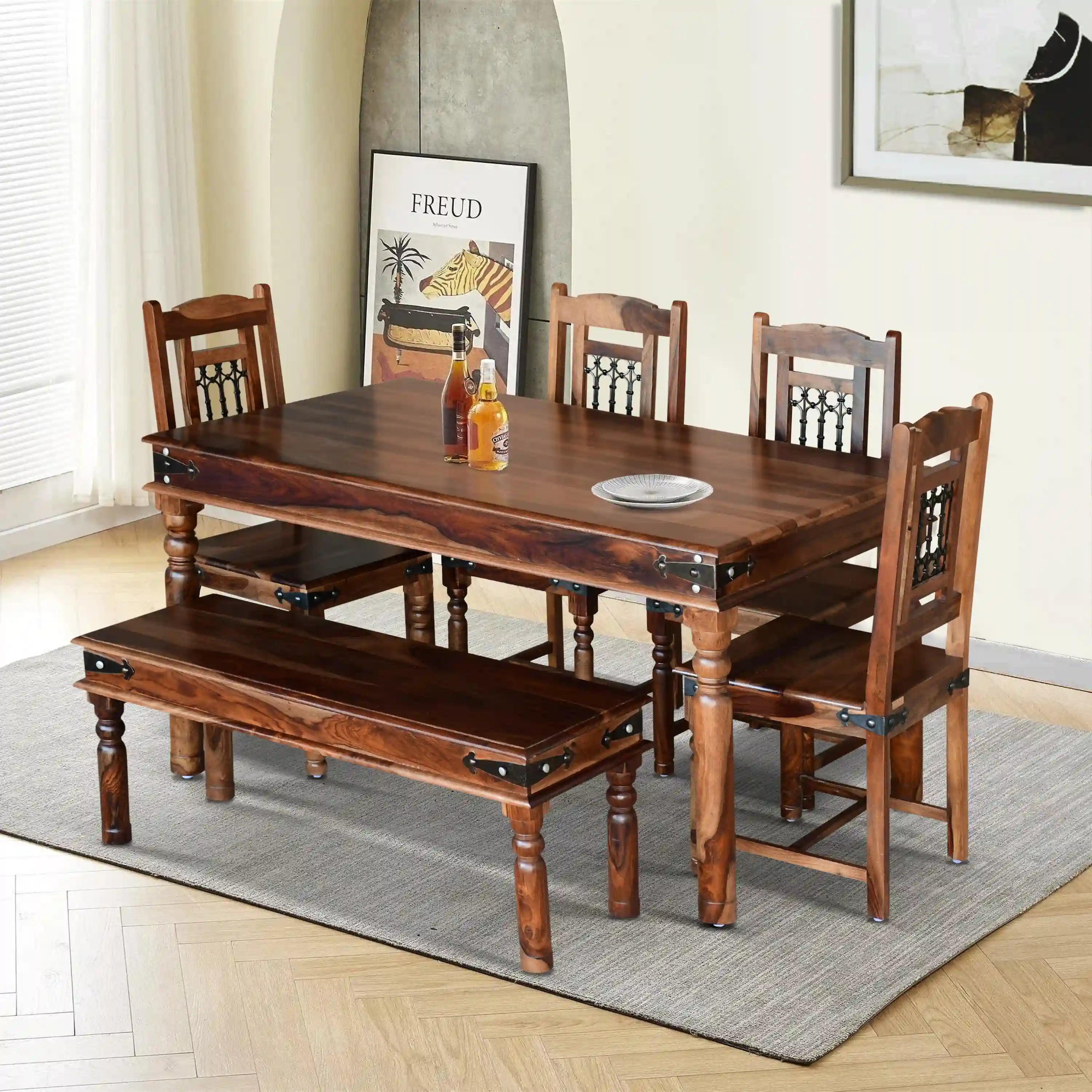 Haveli solid wood six-seater dining table set with bench premium sheesham wood furniture for modern Indian homes