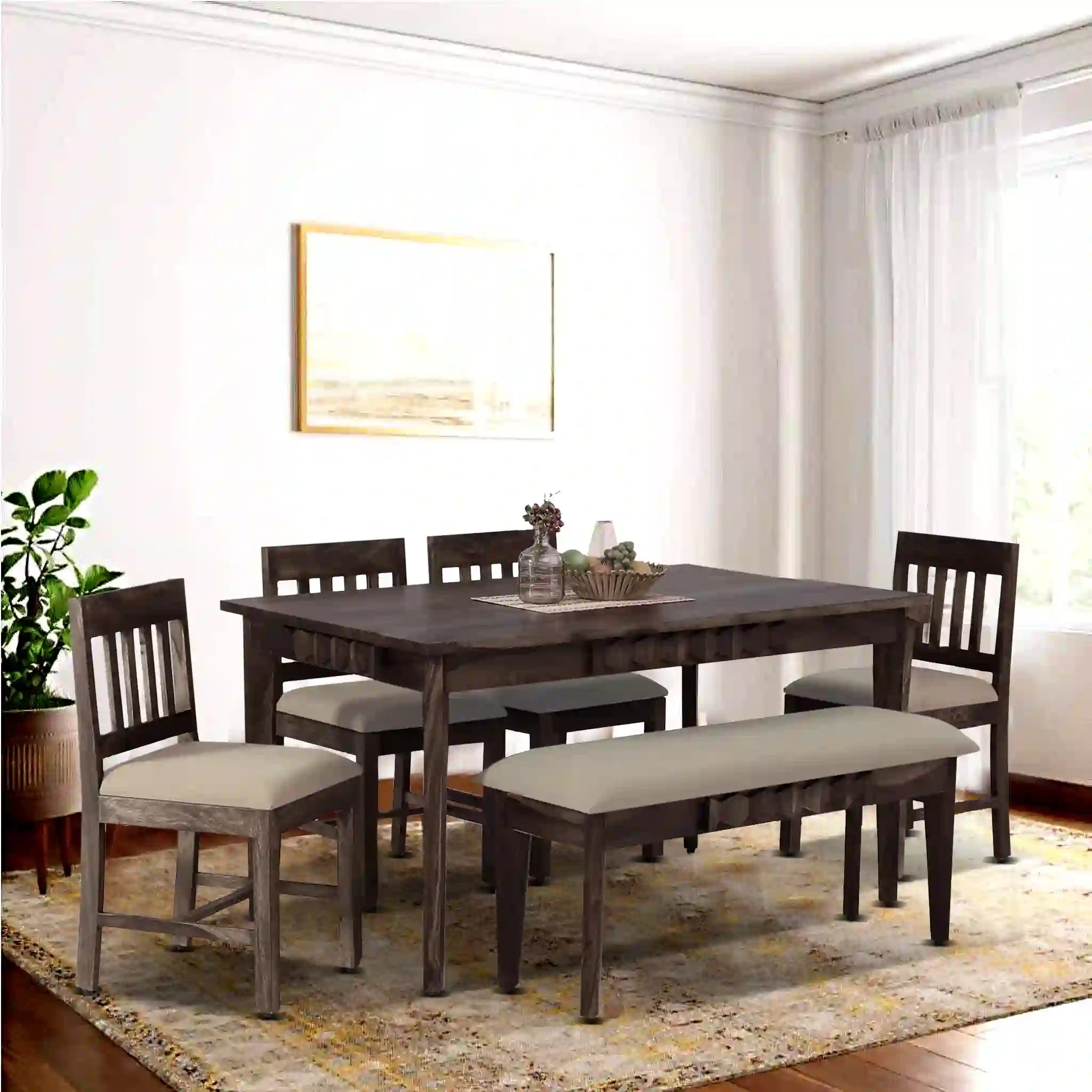 Heavy duty Alford solid wood six-seater dining table set with bench long lasting premium furniture