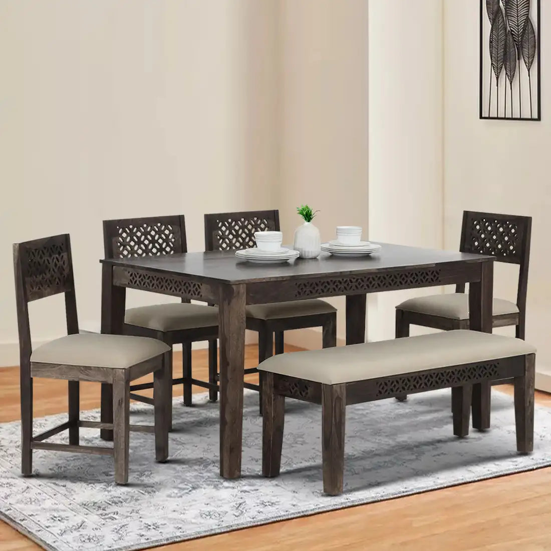 Heavy duty Penza solid sheesham wood six-seater dining table set with bench long lasting furniture